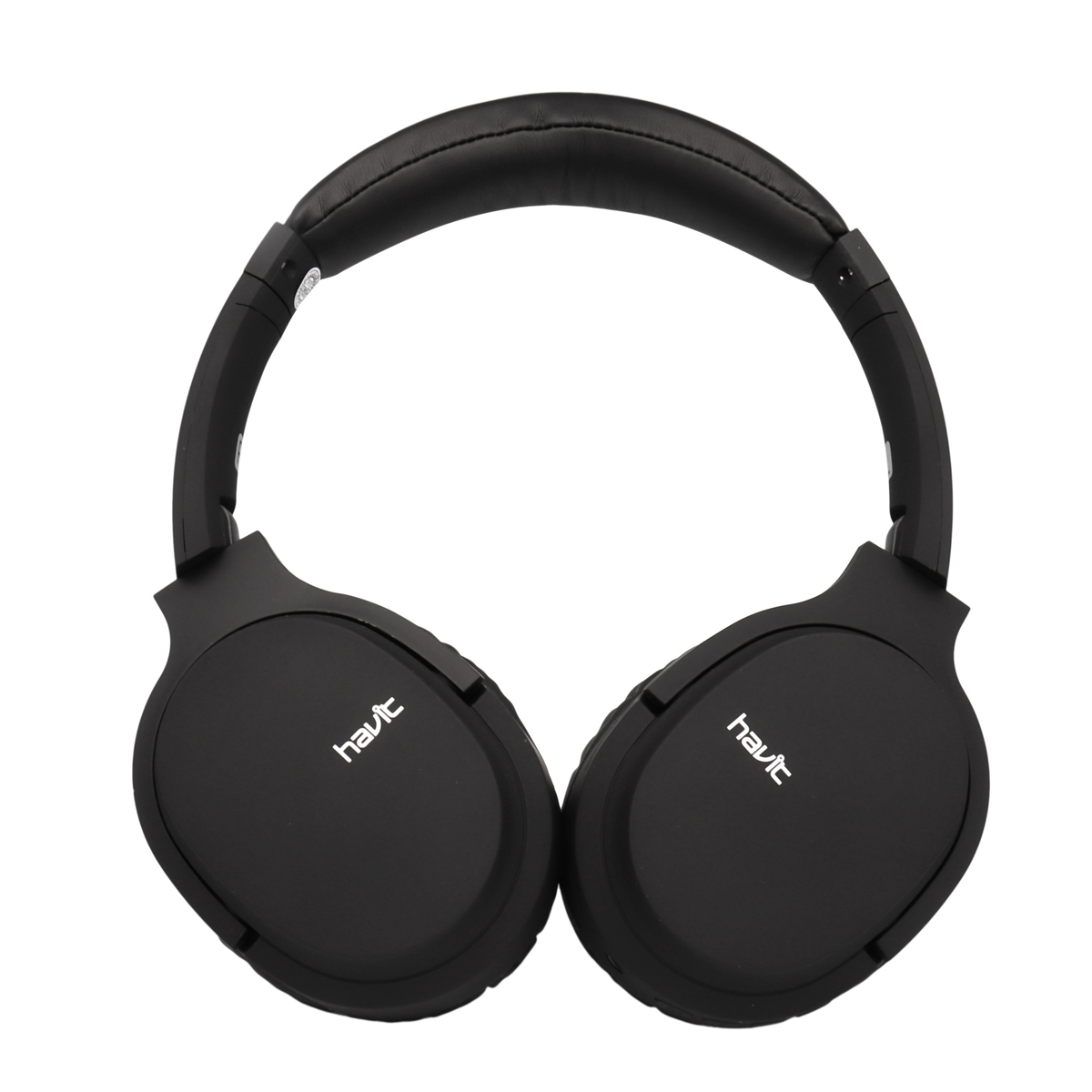 Auriculares Havit negros, vistos desde arriba sobre fondo blanco, mostrando las orejeras.