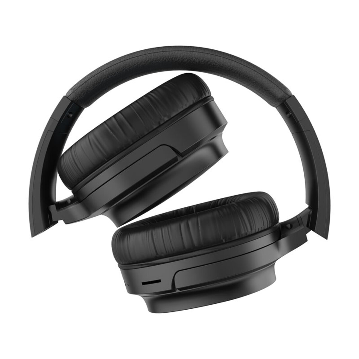 Auriculares negros, plegados, aislados sobre fondo blanco. Diseño circumaural, cerrados.