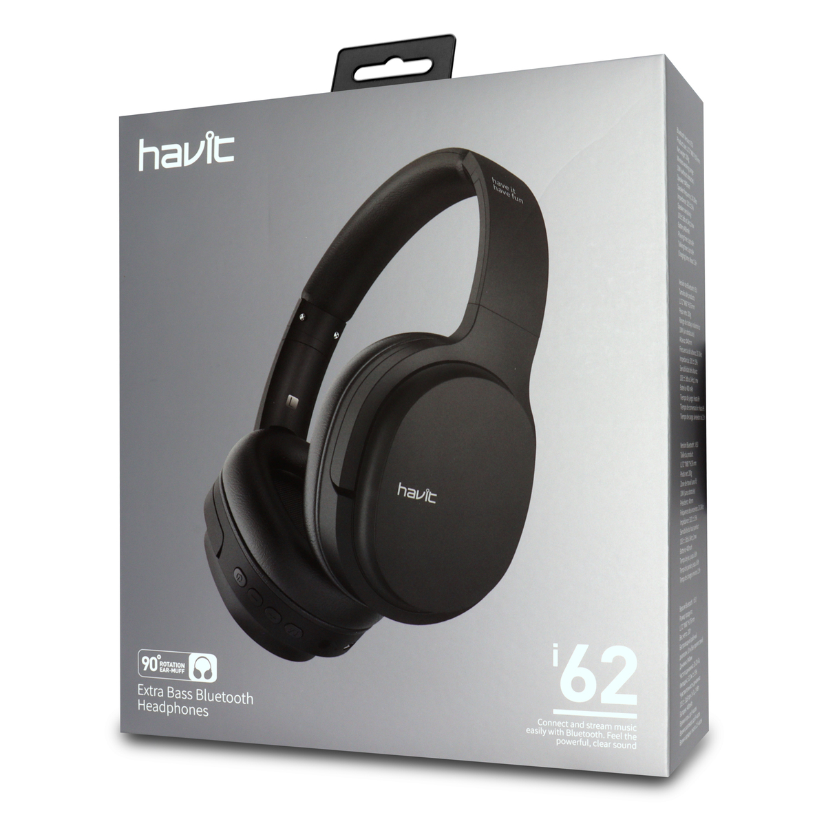Auriculares negros de diadema en una caja. La caja es blanca con la marca 'havit'.