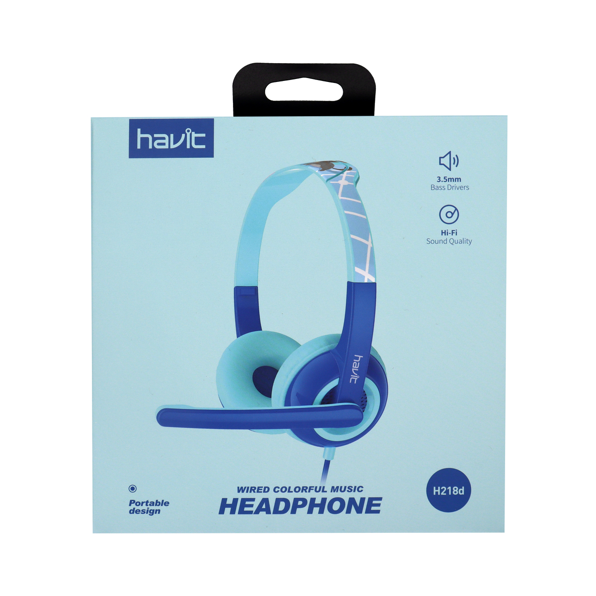 Caja de auriculares con unos auriculares azules y blancos en la portada. El texto dice 'Auriculares de música colorida con cable'.