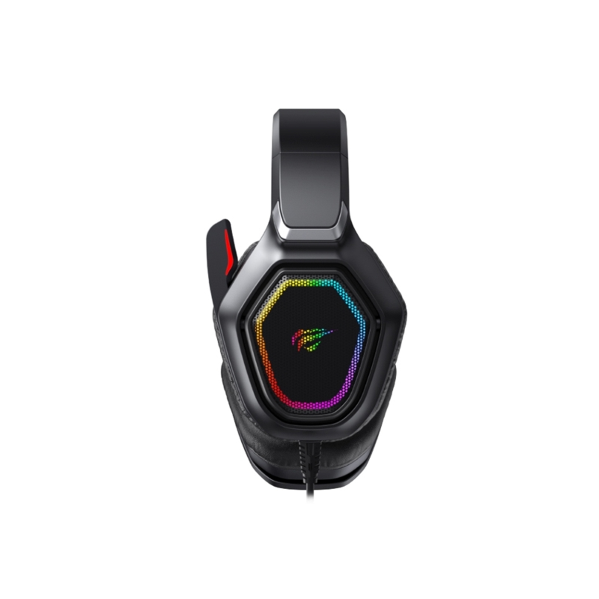 Auriculares gaming negros con iluminación RGB, vista superior sobre fondo blanco.