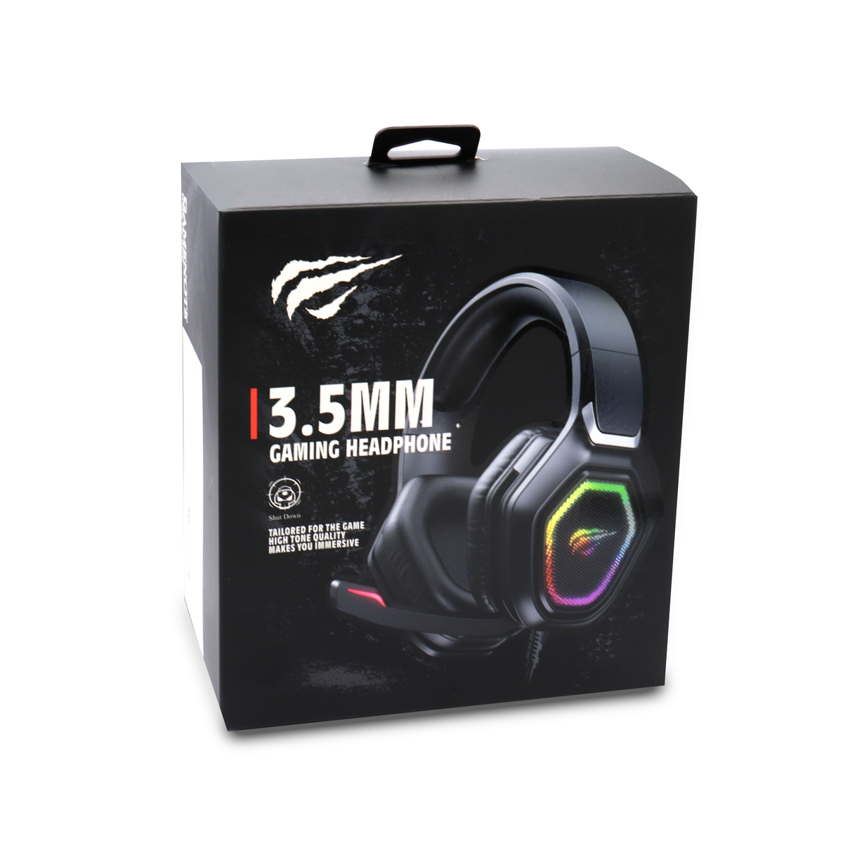 Caja de auriculares gaming. Caja negra con texto y una imagen de auriculares con luces.