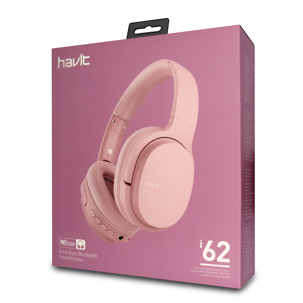 Un auricular rosa en una caja rosa con texto sobre bajos extra y Bluetooth.
