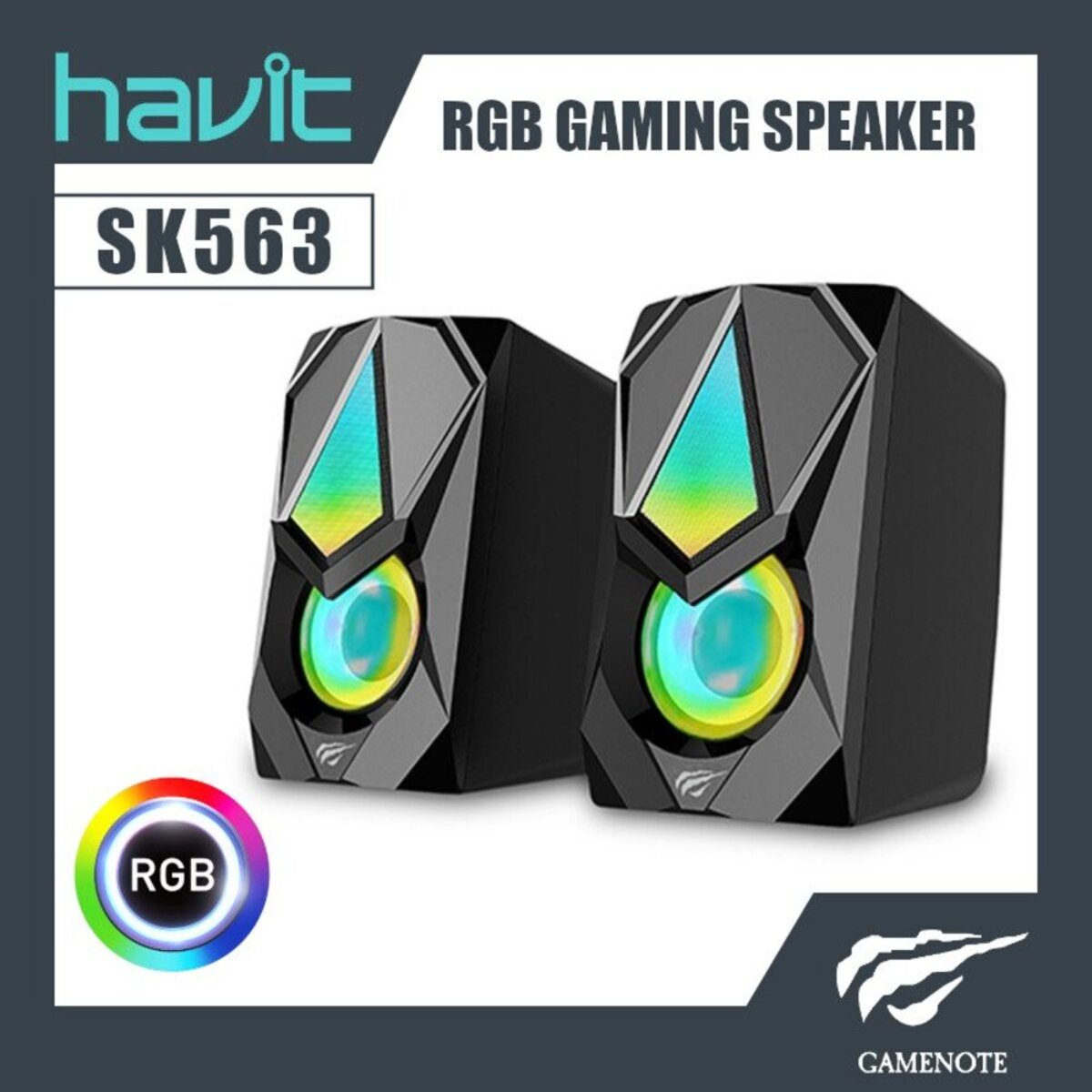 Dos altavoces negros con luces RGB y el nombre de la marca y del producto.