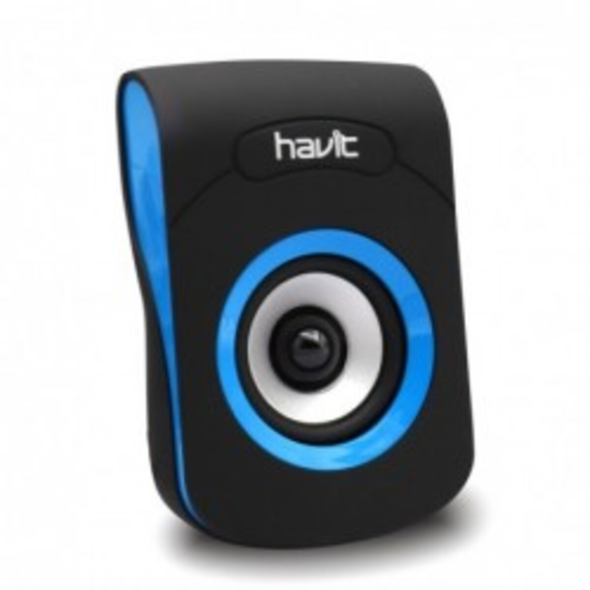 Altavoz negro y azul. Tiene un altavoz central, un anillo azul y la marca en la parte superior.