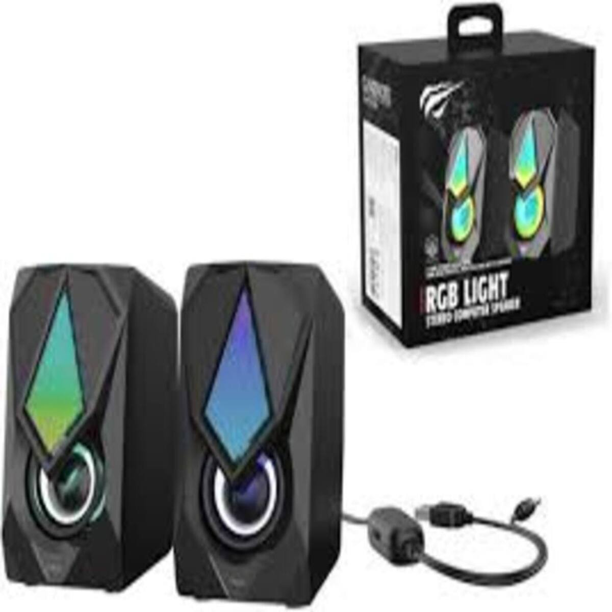 Par de altavoces negros con luces RGB y una caja negra.