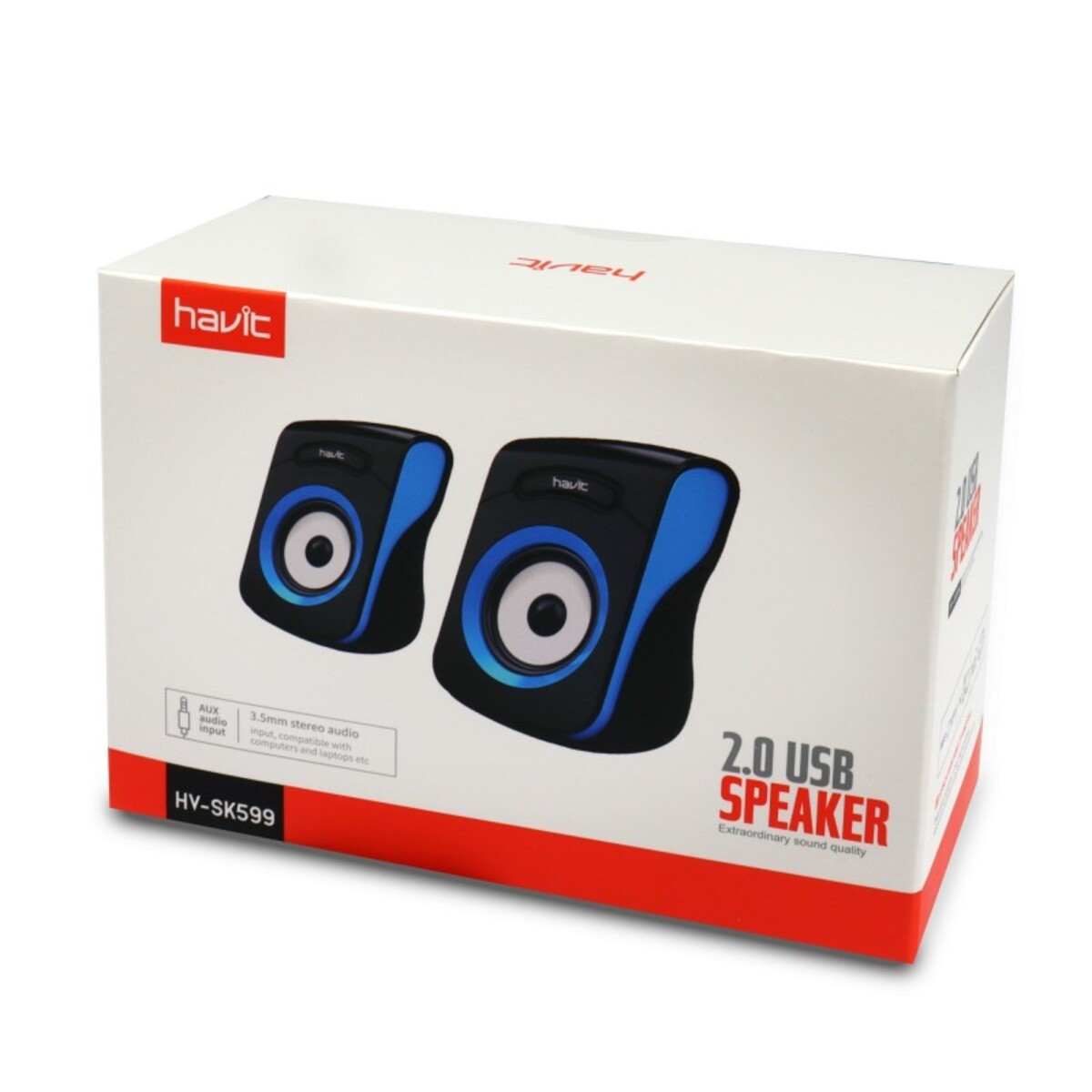 Caja blanca con dos altavoces negros y azules. Tiene la marca 'havit'.