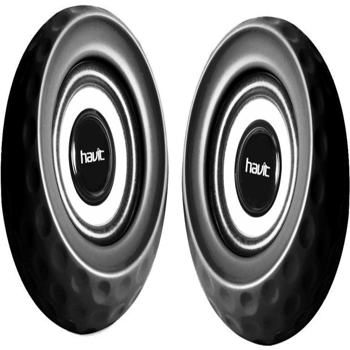 Dos altavoces havit negros sobre fondo blanco, cada uno con el nombre de la marca en blanco.