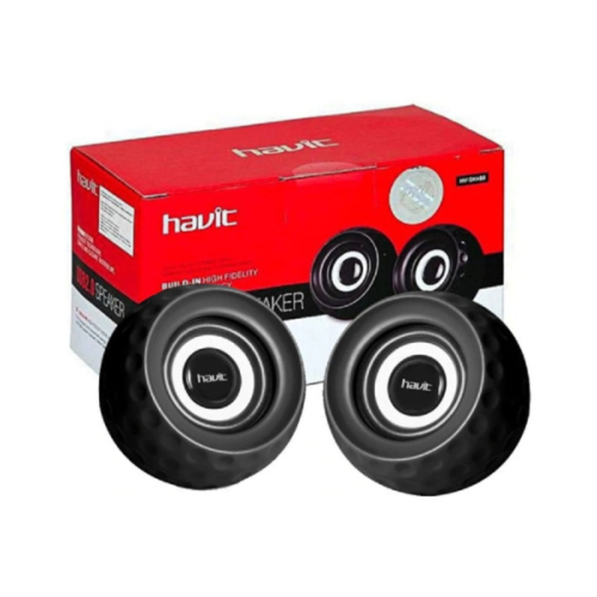 Dos altavoces negros con logo blanco havit en una caja roja con 'havit' y 'speaker'.