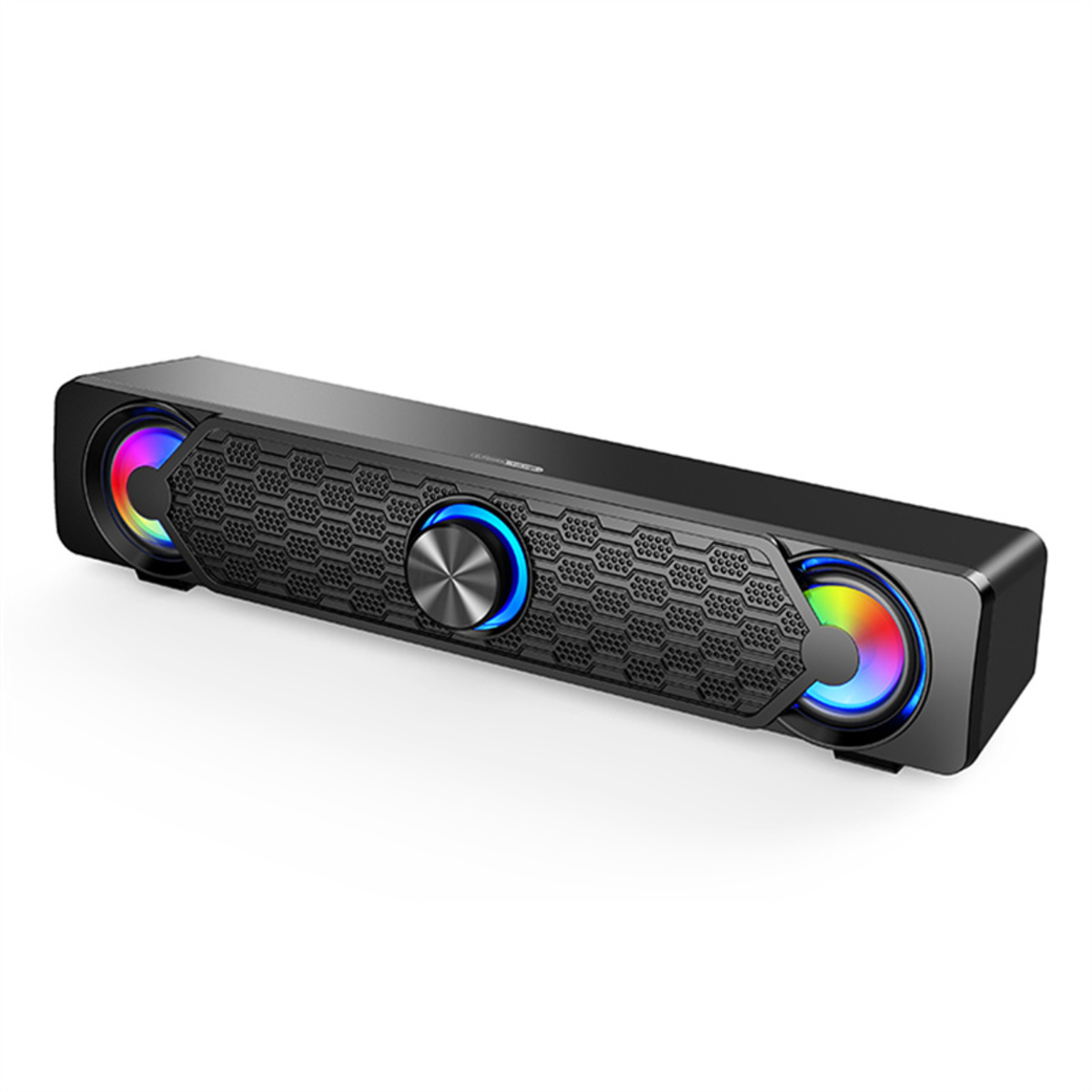 Barra de sonido negra con diseño de panal, luces RGB laterales y control central.