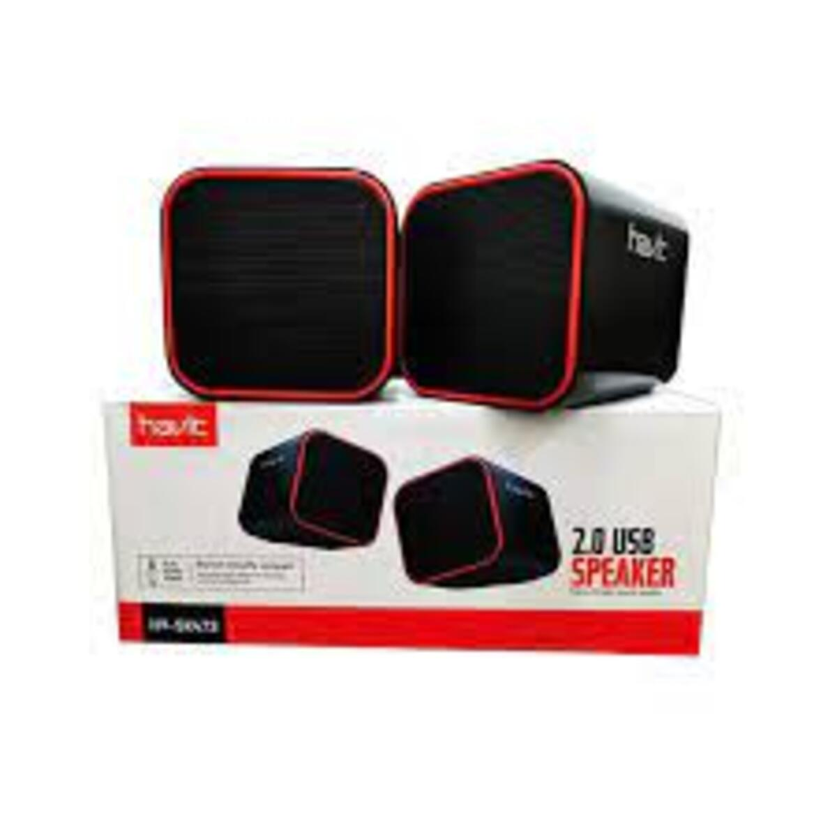 Dos altavoces negros con detalles rojos, sobre una caja blanca con una etiqueta roja y negra.