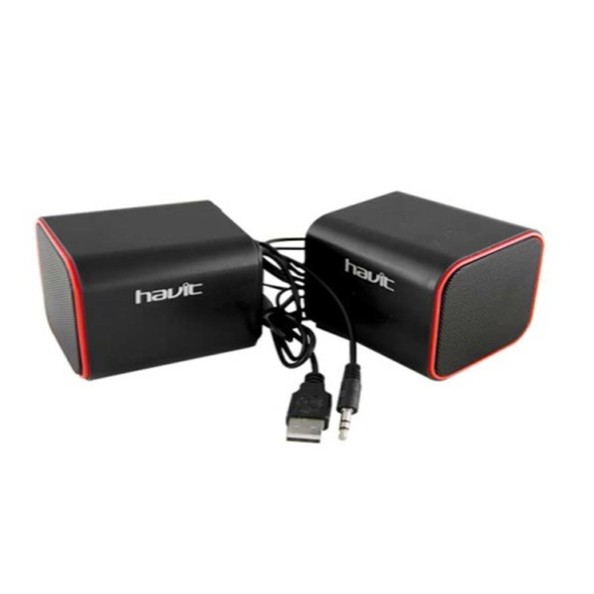 Altavoces de ordenador negros con borde rojo, cables USB y aux.