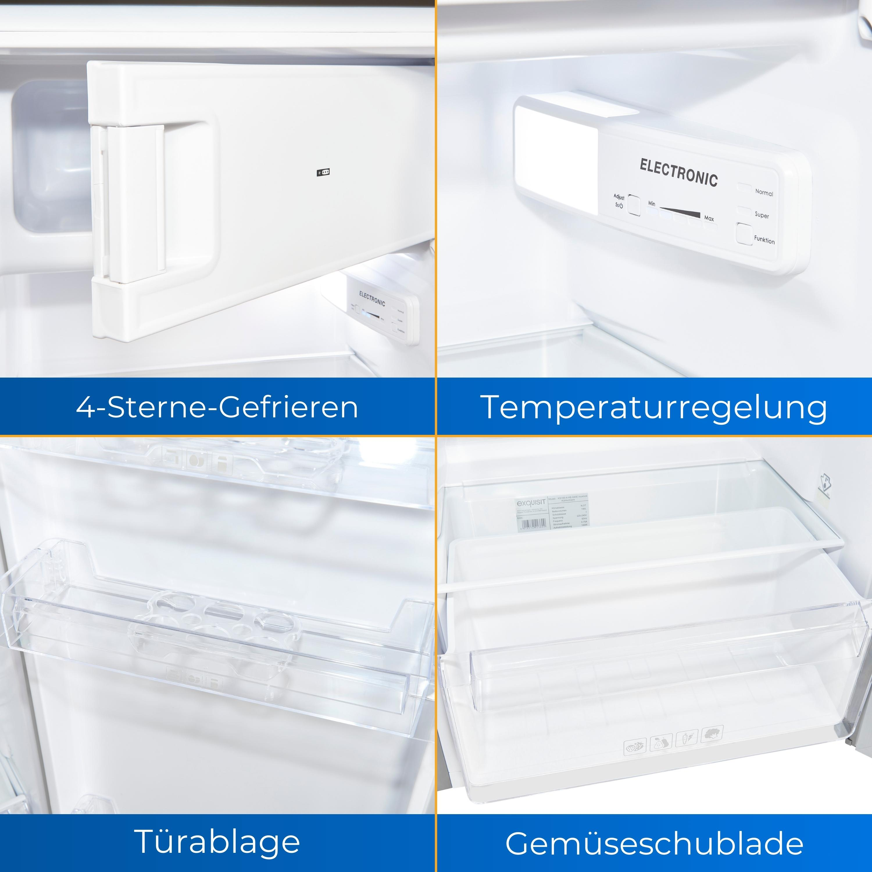 Weißer Kühlschrankinnenraum mit Regalen und Schubladen. Details des Temperaturreglers und der Tür.