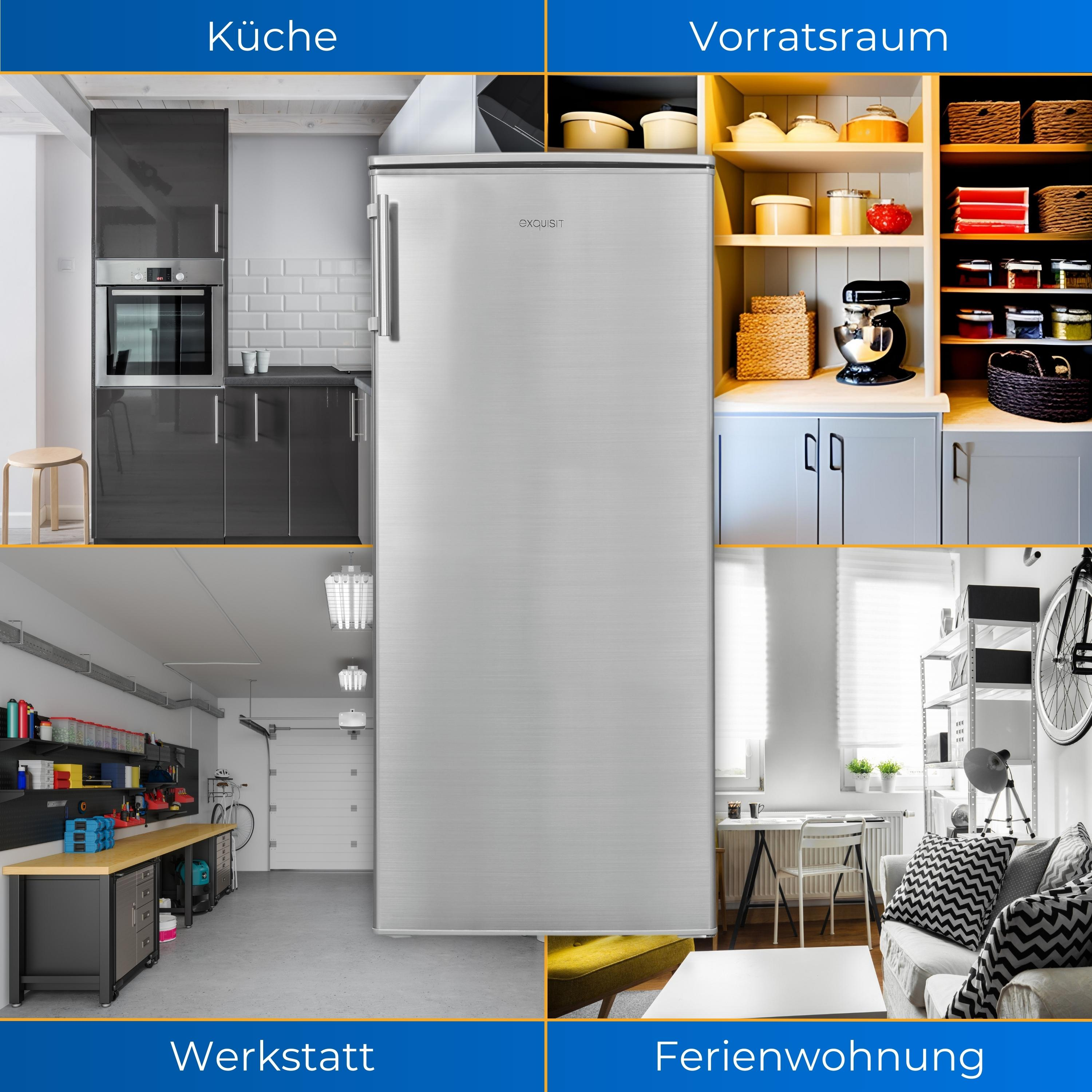 Ein Kühlschrank in verschiedenen Räumen. Küche, Vorratsraum, Werkstatt und Ferienwohnung werden gezeigt.
