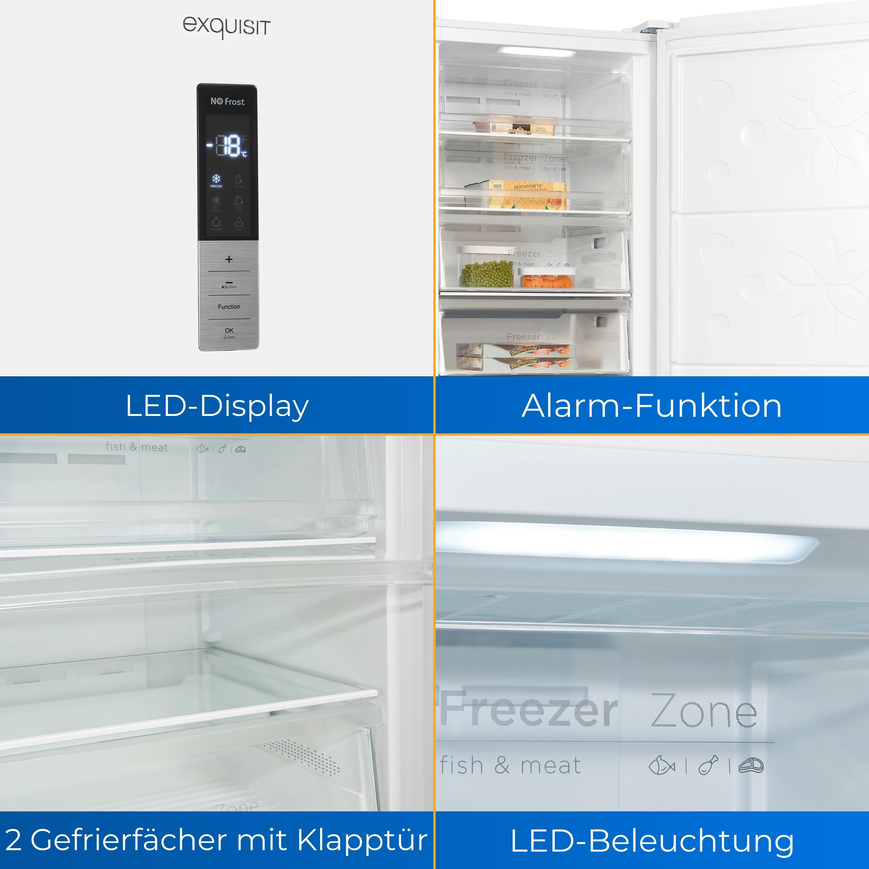 In einem weißen Kühlschrank. Display, Gefrierfach mit Lebensmitteln und Regale.