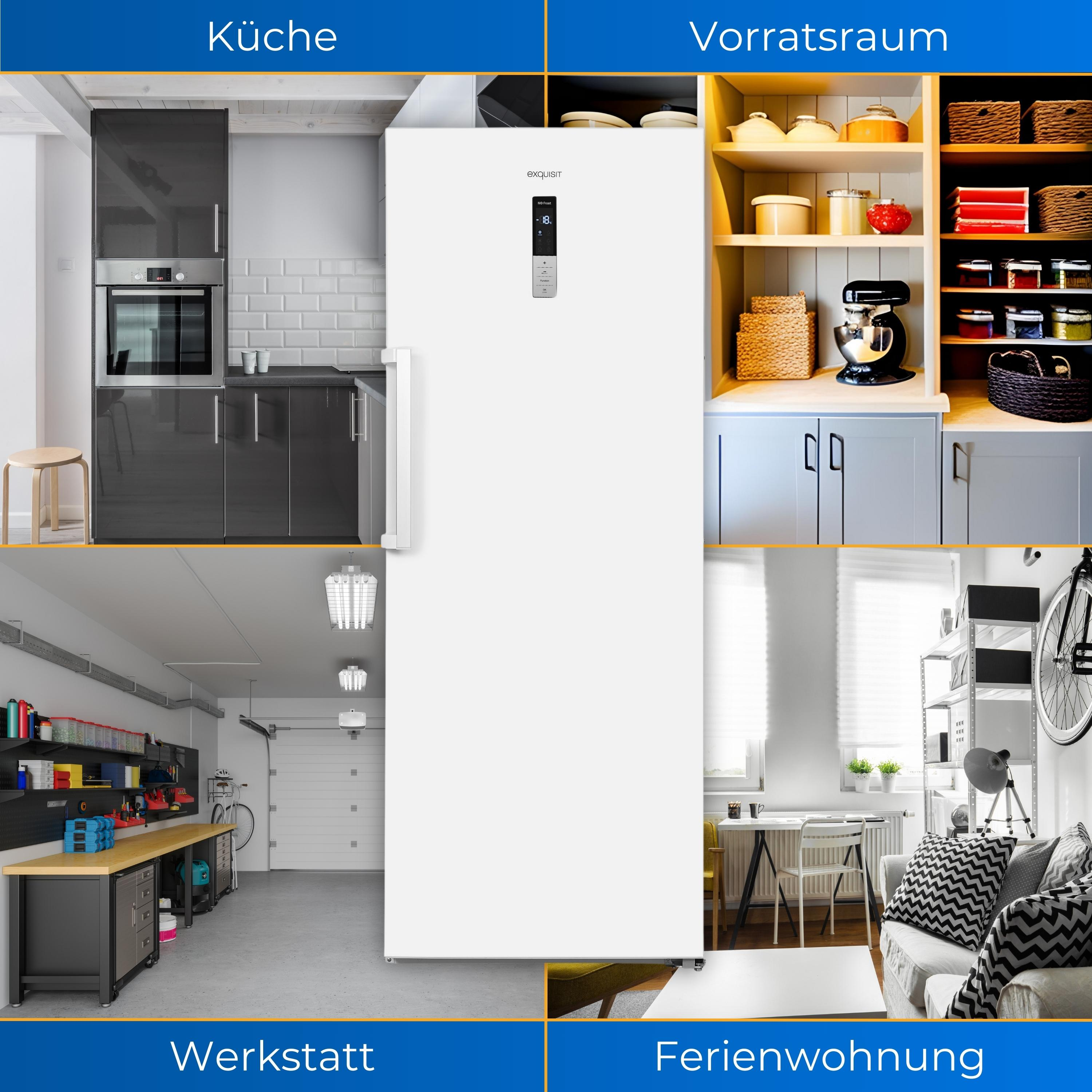 Vier Szenen mit einem weißen Kühlschrank. Jede Szene zeigt einen anderen Raum: Küche, Garage usw.