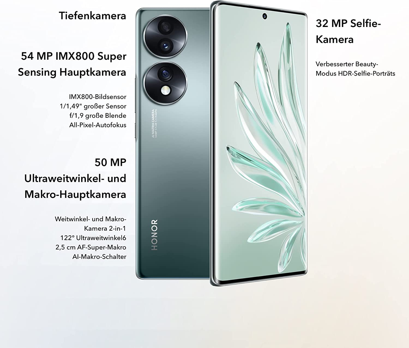 Smartphone-Rückseite mit Kameradetails. 54 MP Hauptkamera, 50 MP Ultraweitwinkelkamera. Weißer Hintergrund.