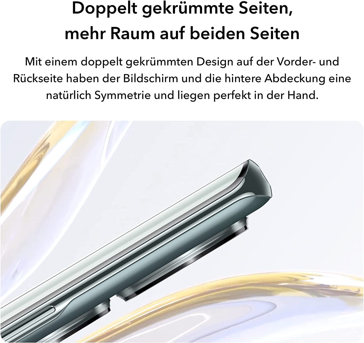 Eine Telefonseite mit gebogenen Kanten, Nahaufnahme der Kamera und Text zum Design.