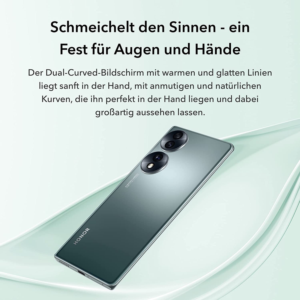 Ein grünes Smartphone mit zwei Kameras. Text: Schmichelt den Sinnen - ein Fest für Augen und Hände.