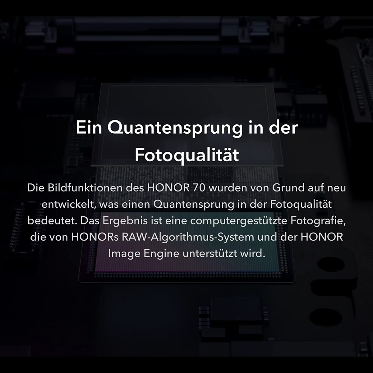 Nahaufnahme einer Platine mit deutschem Text. Es gibt Text, der 'Fotoqualität' sagt.