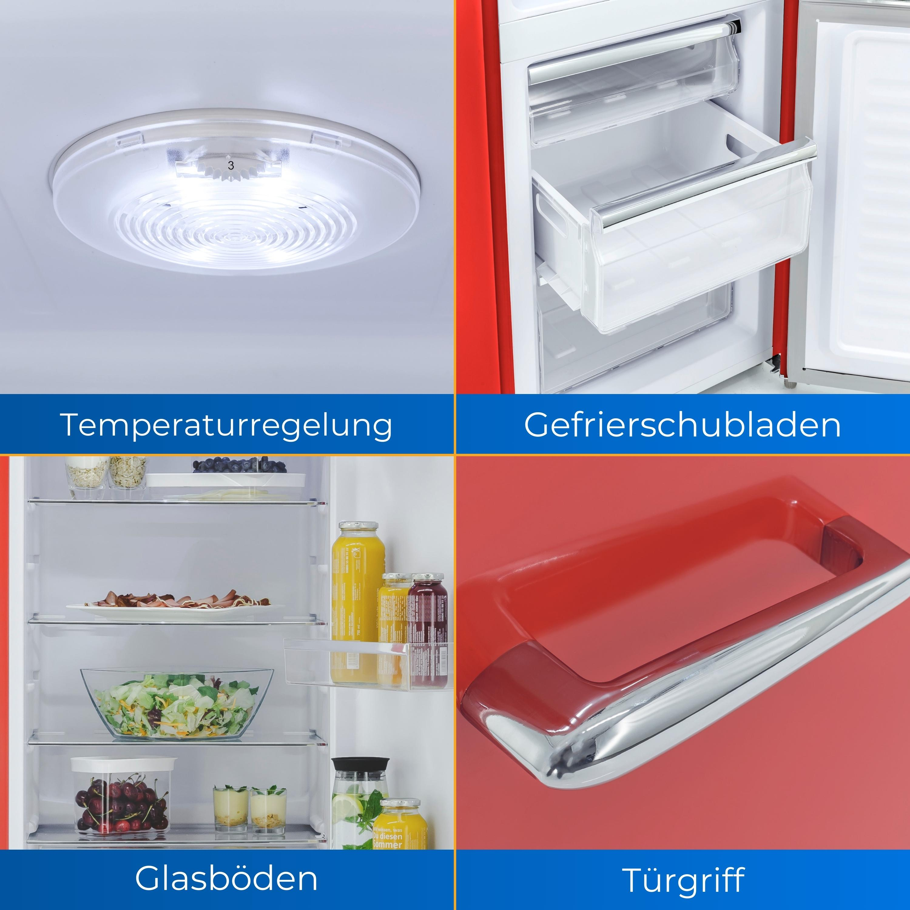 Interior del refrigerador con control de temperatura, cajones del congelador, estantes de vidrio y tirador rojo.