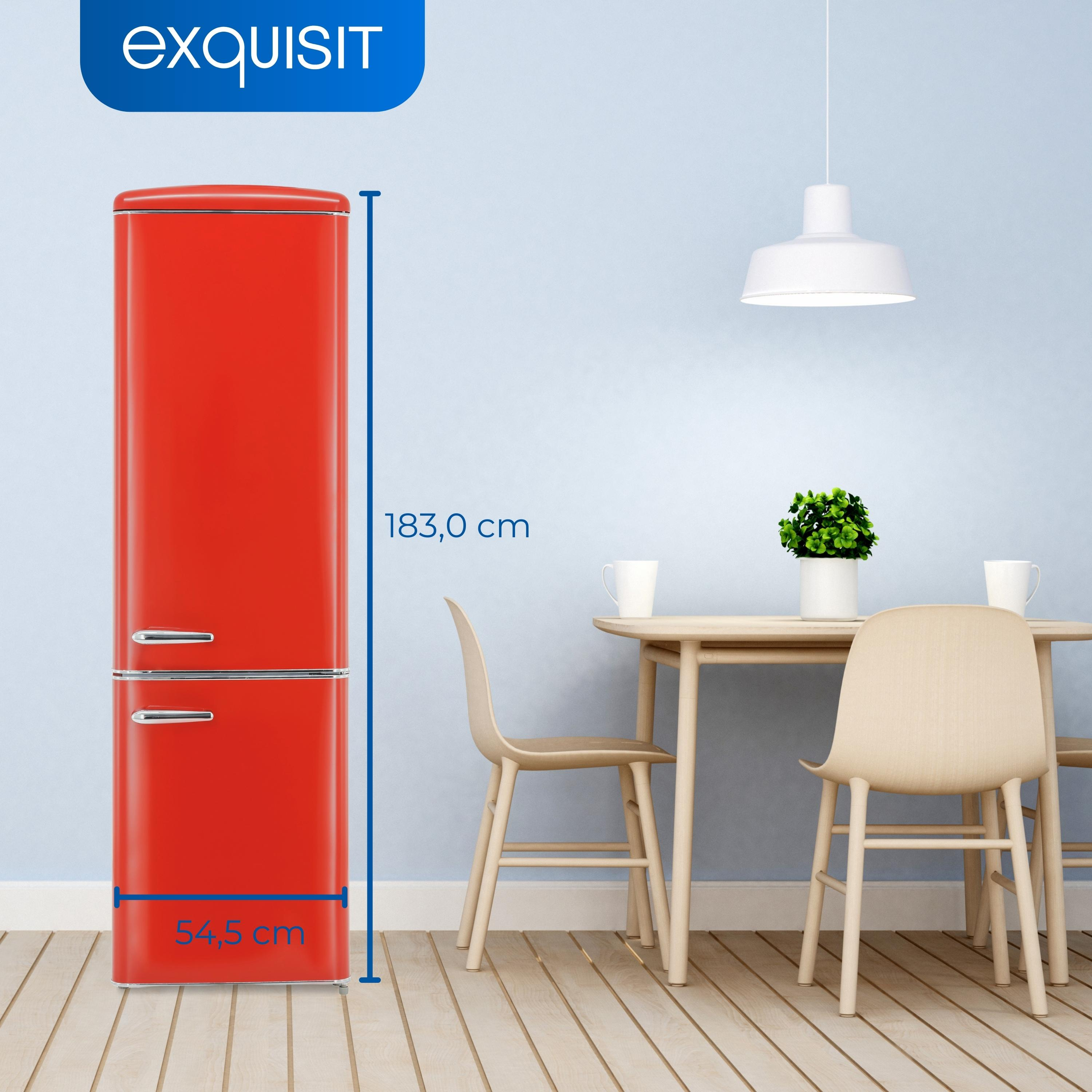 Refrigerador rojo con fondo blanco. Dimensiones: 183,0 cm de alto y 54,5 cm de ancho. Logotipo Exquisit arriba.