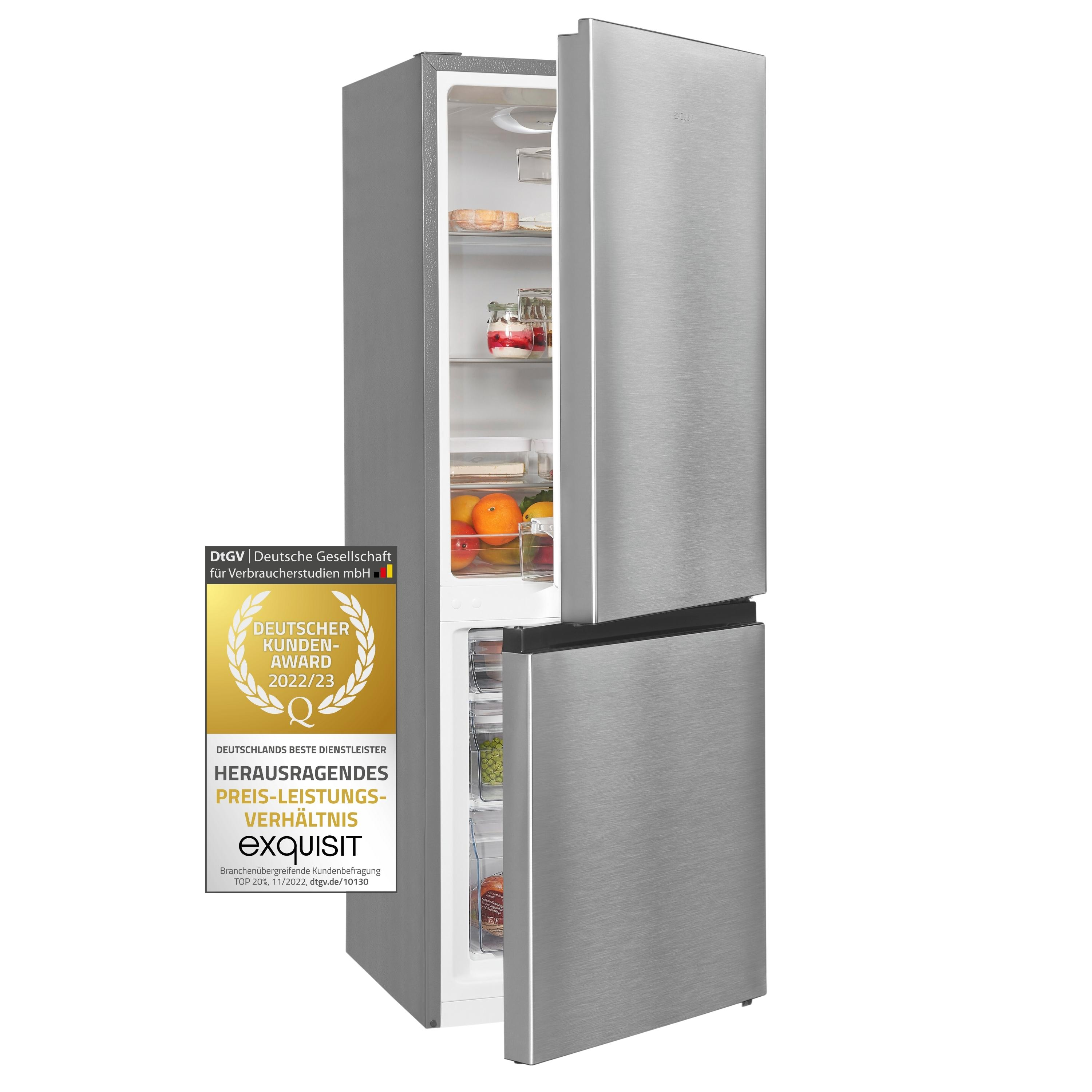 Kühlschrank aus Edelstahl mit offenen Türen. Essen und Auszeichnungen sind sichtbar.