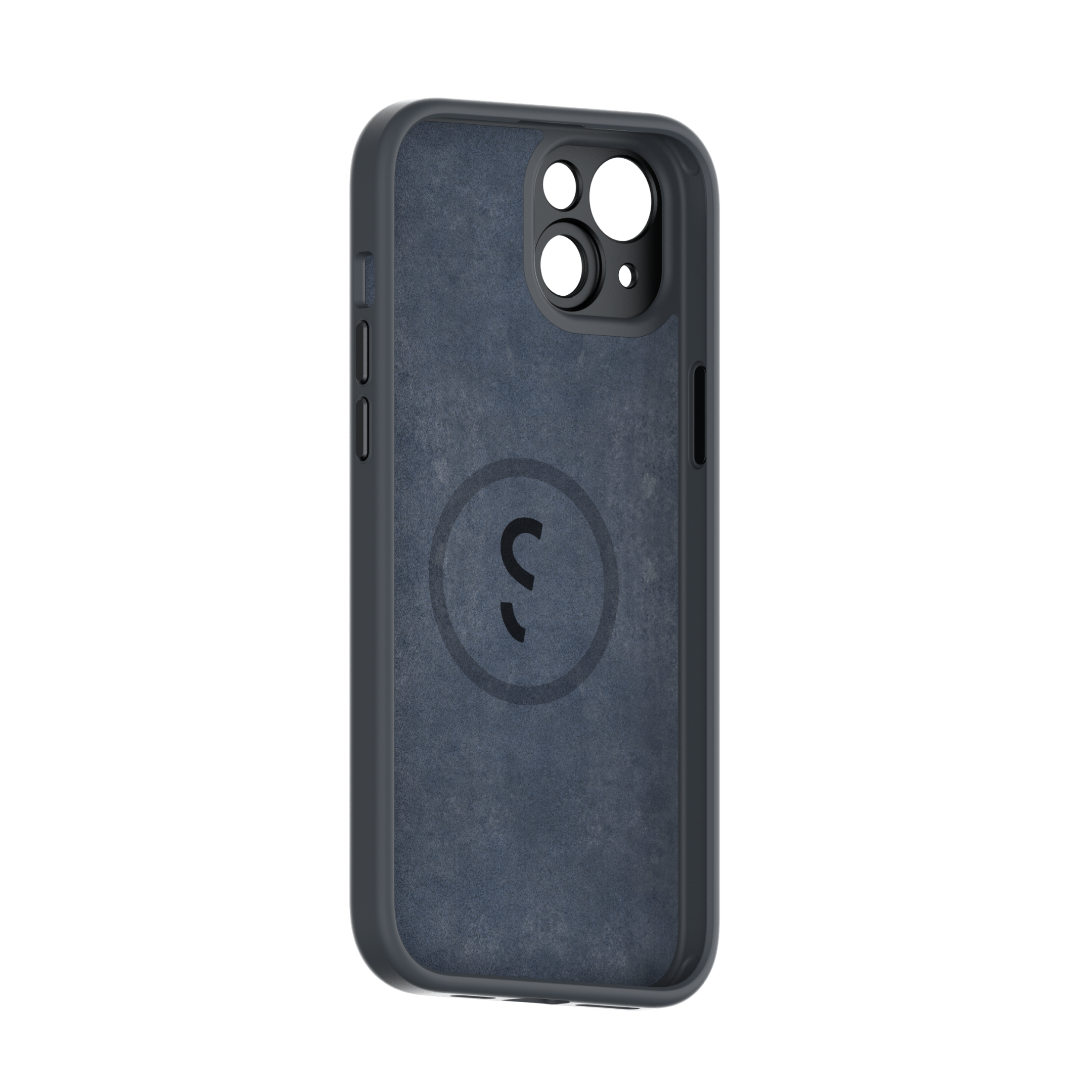 Siyah kamera kesimi ve siyah 'S' logosu ile koyu mavi telefon kılıfı.