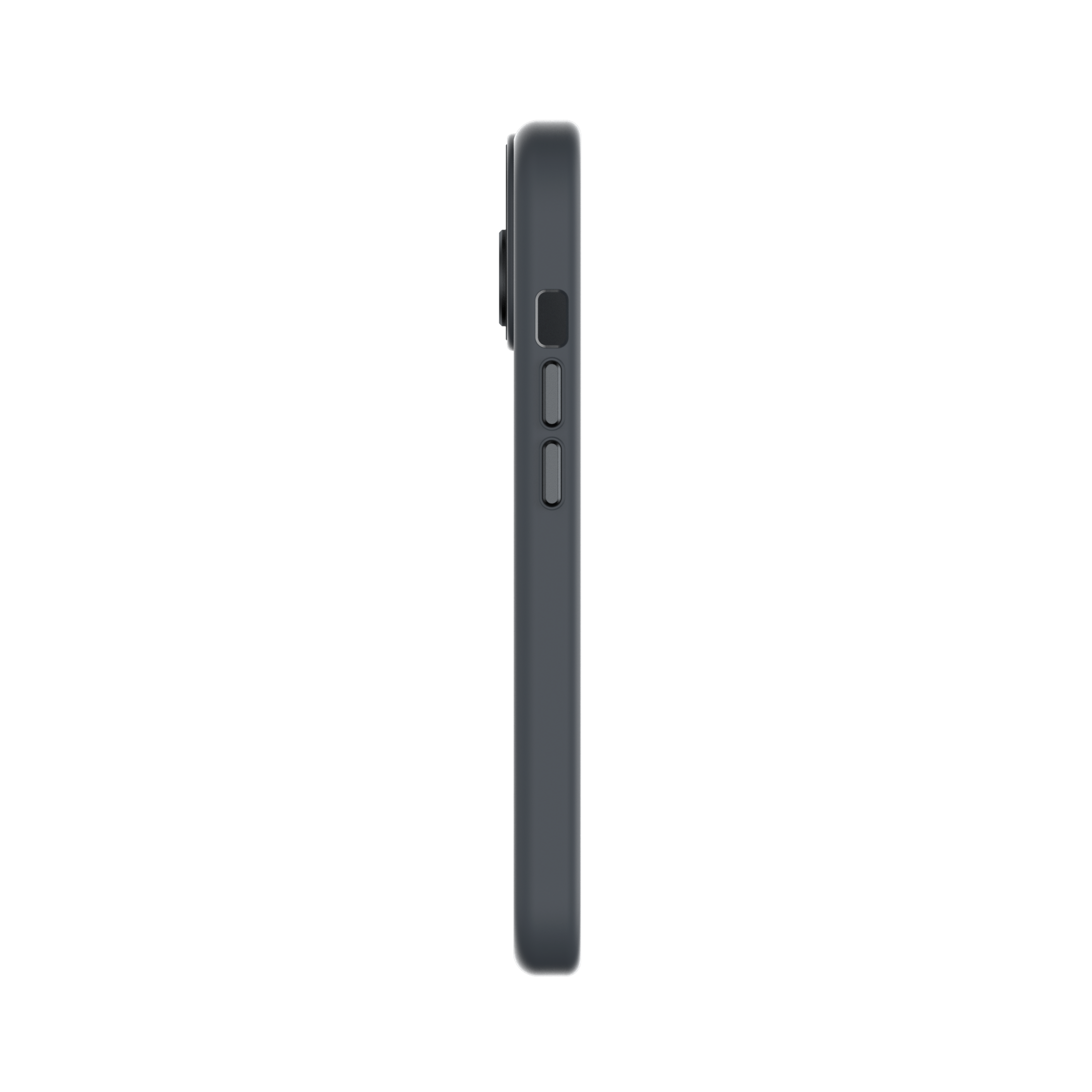 Seitenansicht einer dunkelgrauen Handyhülle. Sie hat Knöpfe und einen Kameraausschnitt.