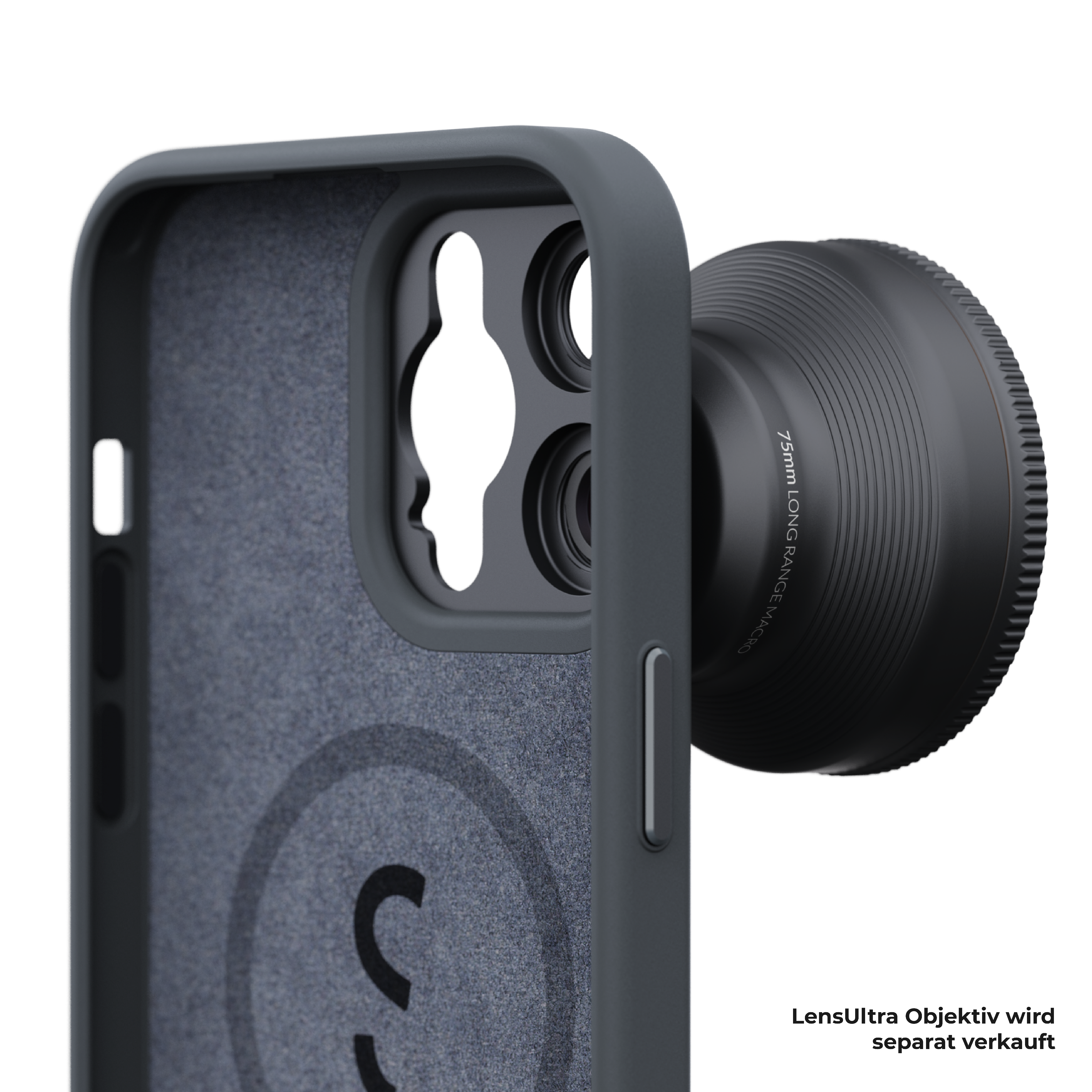 Lens takılı bir telefon kılıfı; lens siyah, kılıf gri.