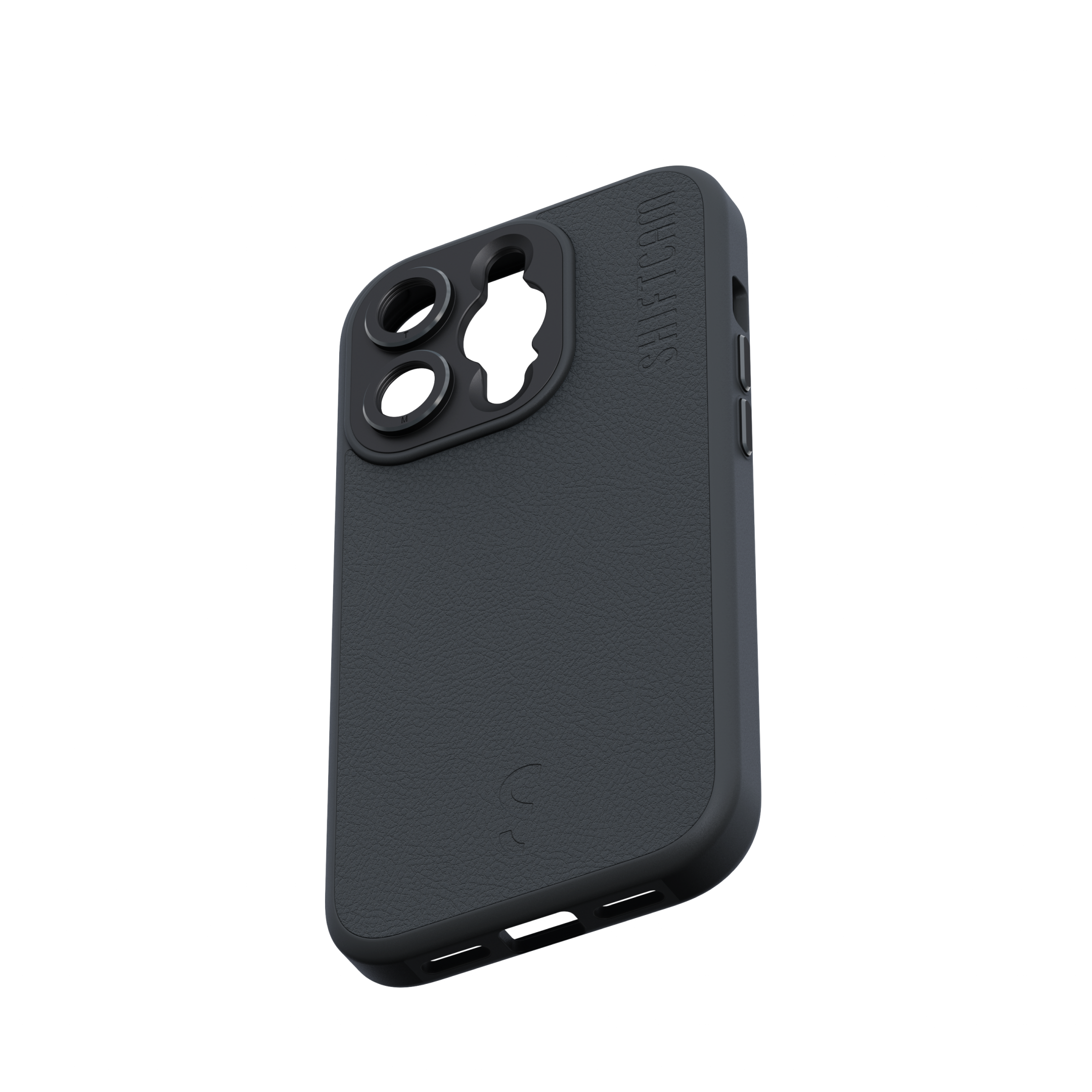 Siyah telefon kılıfı, kamera kesikleri ile. Dokulu bir yüzeye sahip.