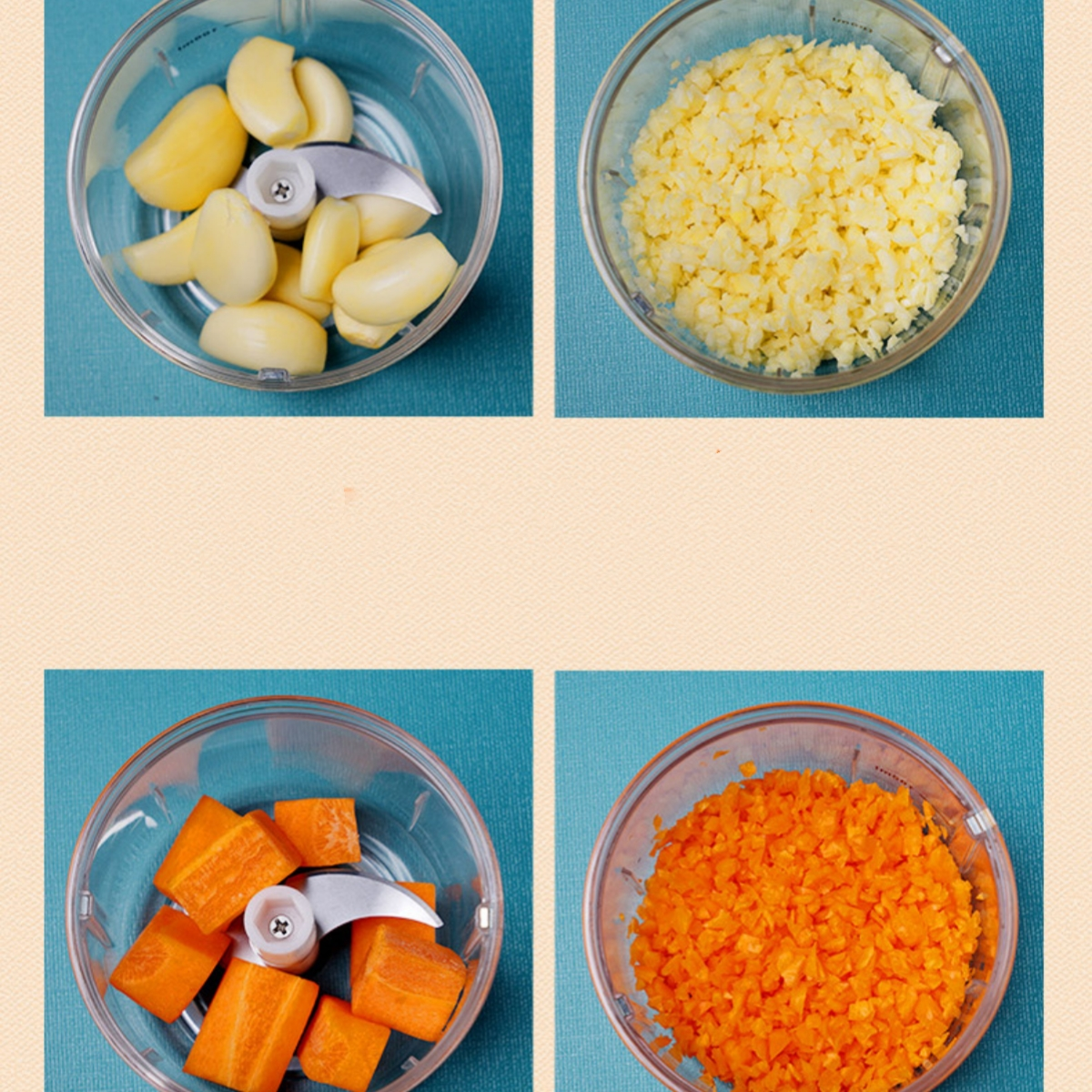 Vier Bilder, die das Hacken von Knoblauch und Karotten mit einem kleinen Zerkleinerer zeigen.