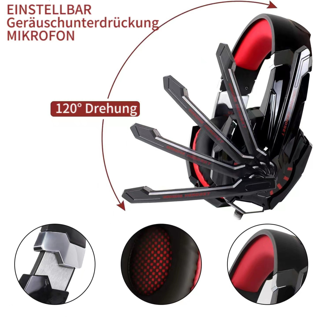 Schwarzes und rotes Gaming-Headset mit verstellbarem Mikrofon. Es hat Rot im Inneren der Ohrmuscheln.