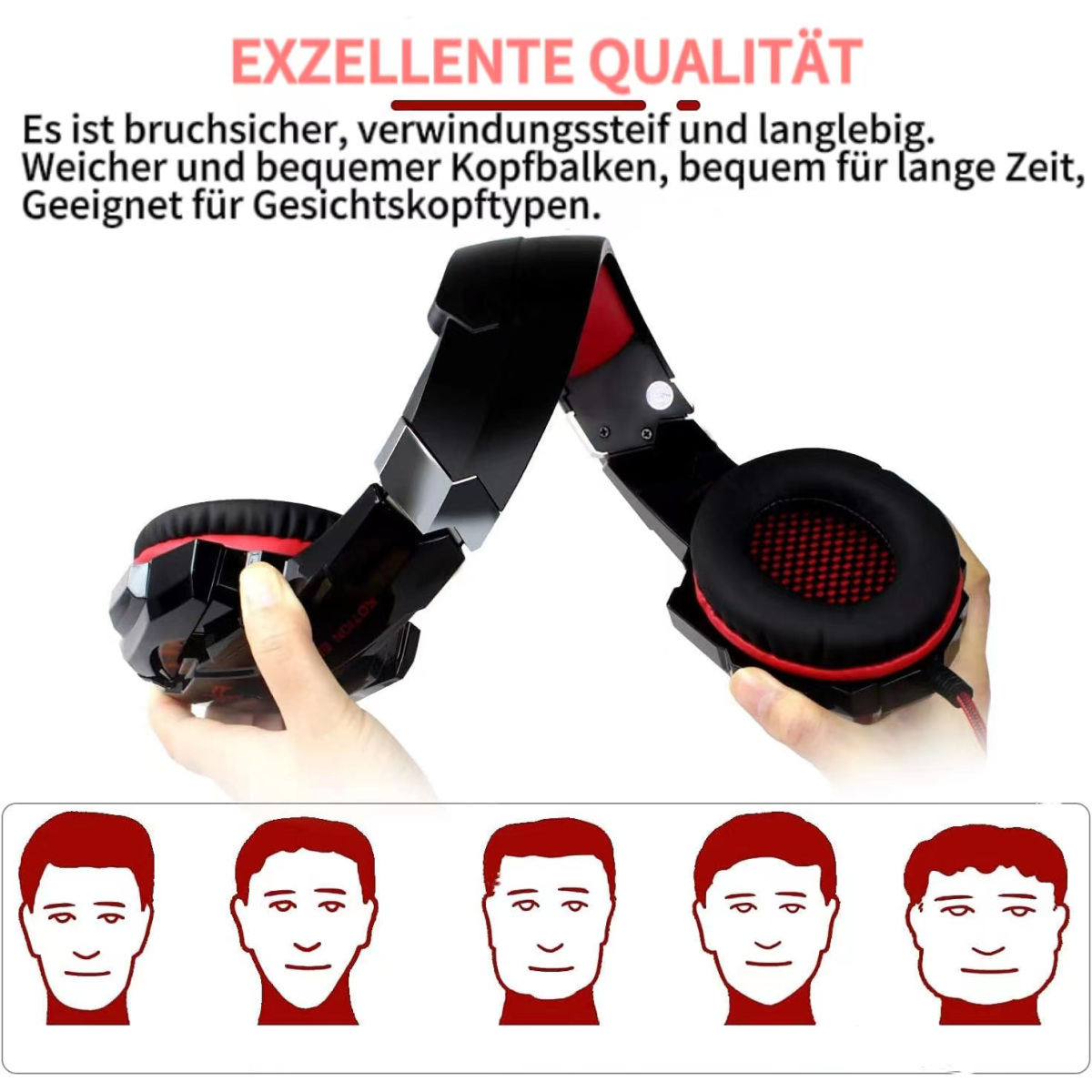 Schwarzer Kopfhörer mit roten Akzenten, gezeigt mit fünf verschiedenen Gesichtsformen.