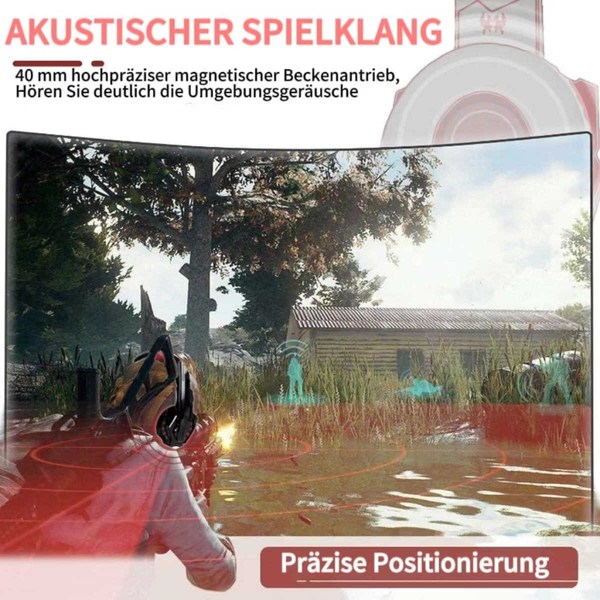 Person spielt ein Spiel auf einem gekrümmten Bildschirm, trägt Kopfhörer. Text auf Deutsch oben.