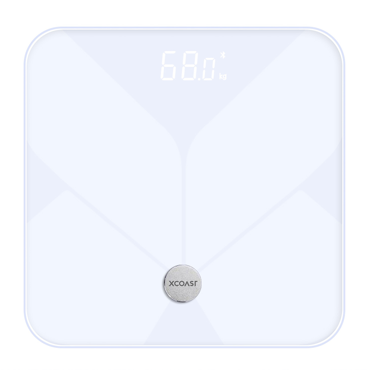 Eine weiße Digitalwaage mit 68,0 kg, unten das Markenlogo XCOAST.