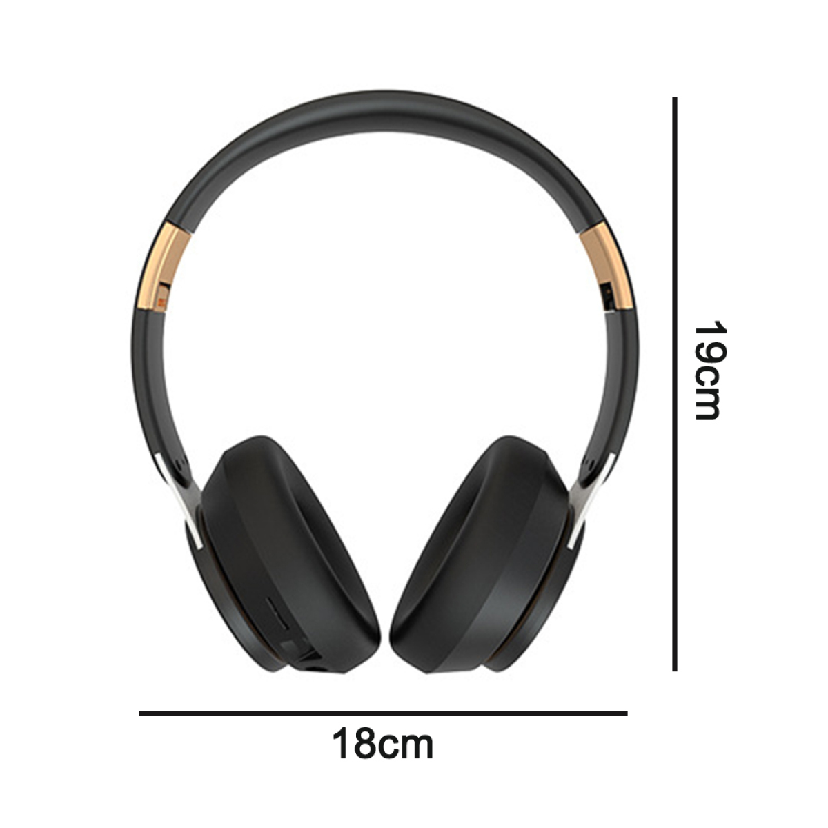Schwarze Kopfhörer mit goldenen Akzenten, Abmessungen sind 18cm breit und 19cm hoch.