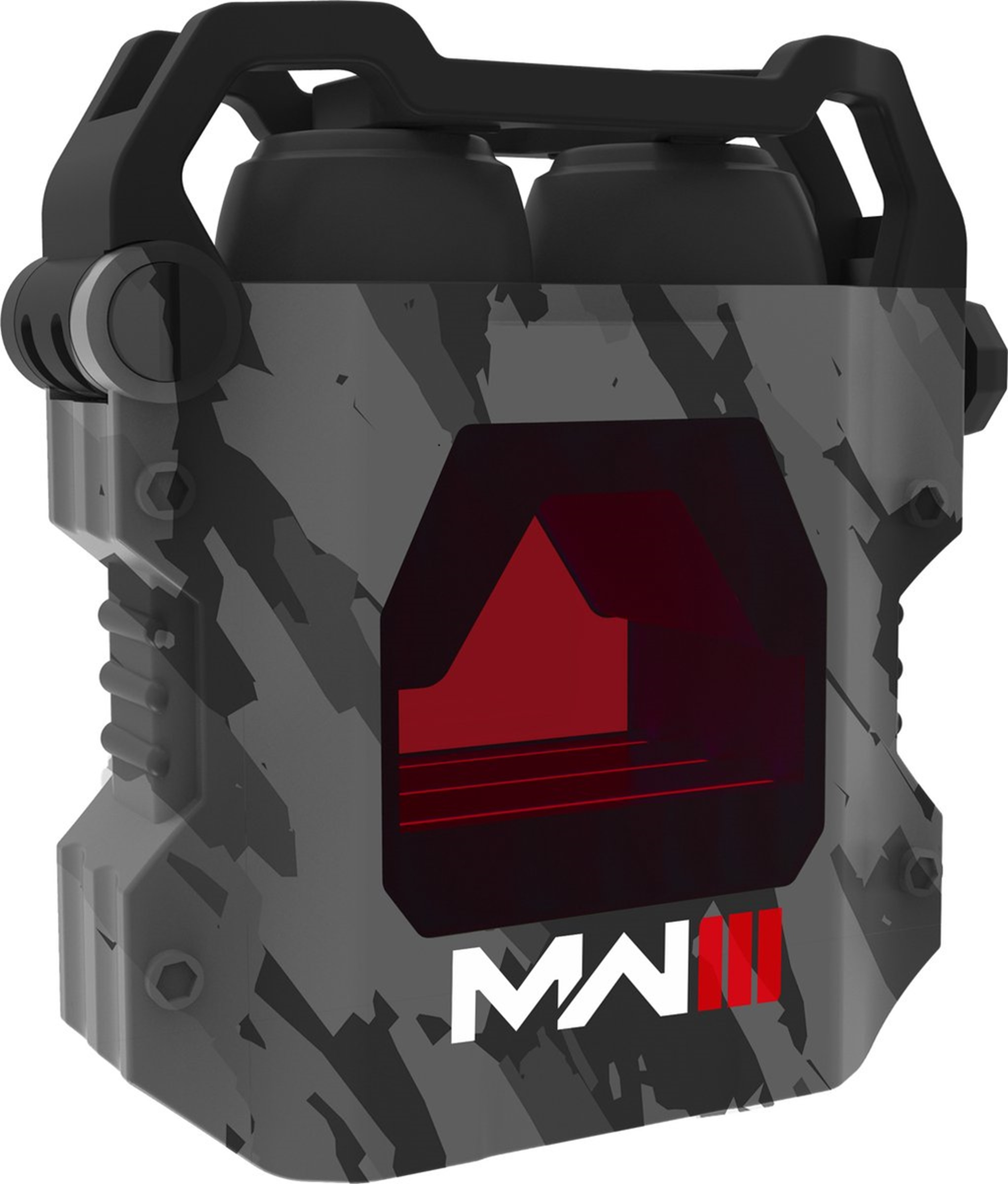 Un conteneur camouflage noir et gris avec intérieur rouge et logo MW III.