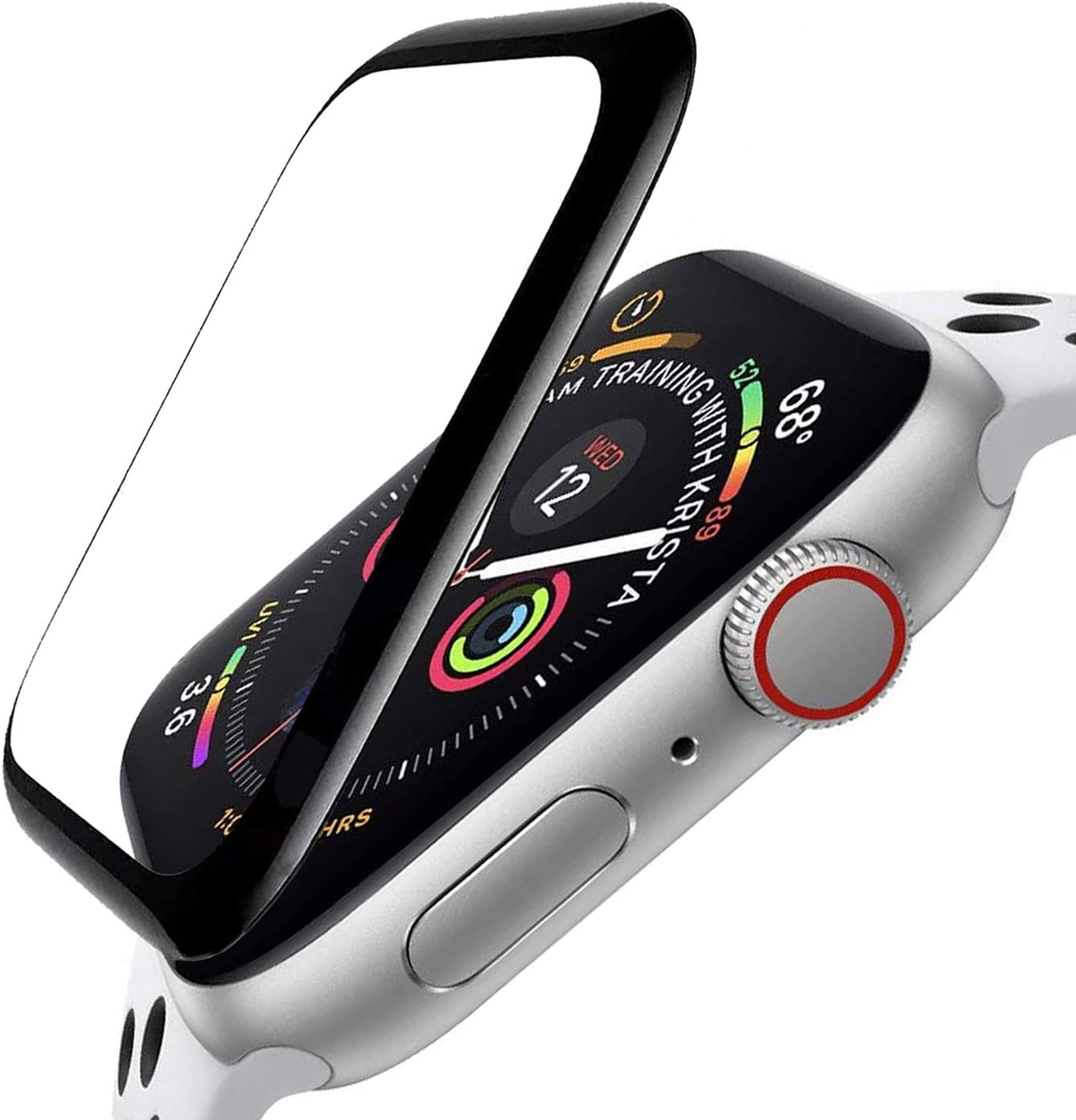 Eine Smartwatch mit aufgetragener Displayschutzfolie. Die Uhr befindet sich auf einer weißen Oberfläche mit schwarzem Rand.