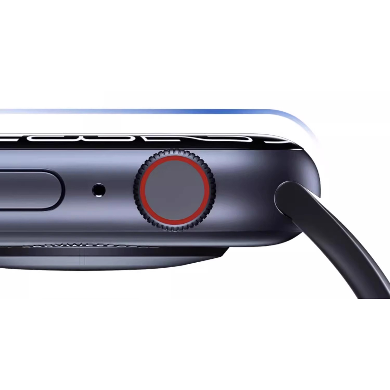Nahaufnahme einer Smartwatch, Seite mit Knopf und angebrachtem schwarzem Armband.