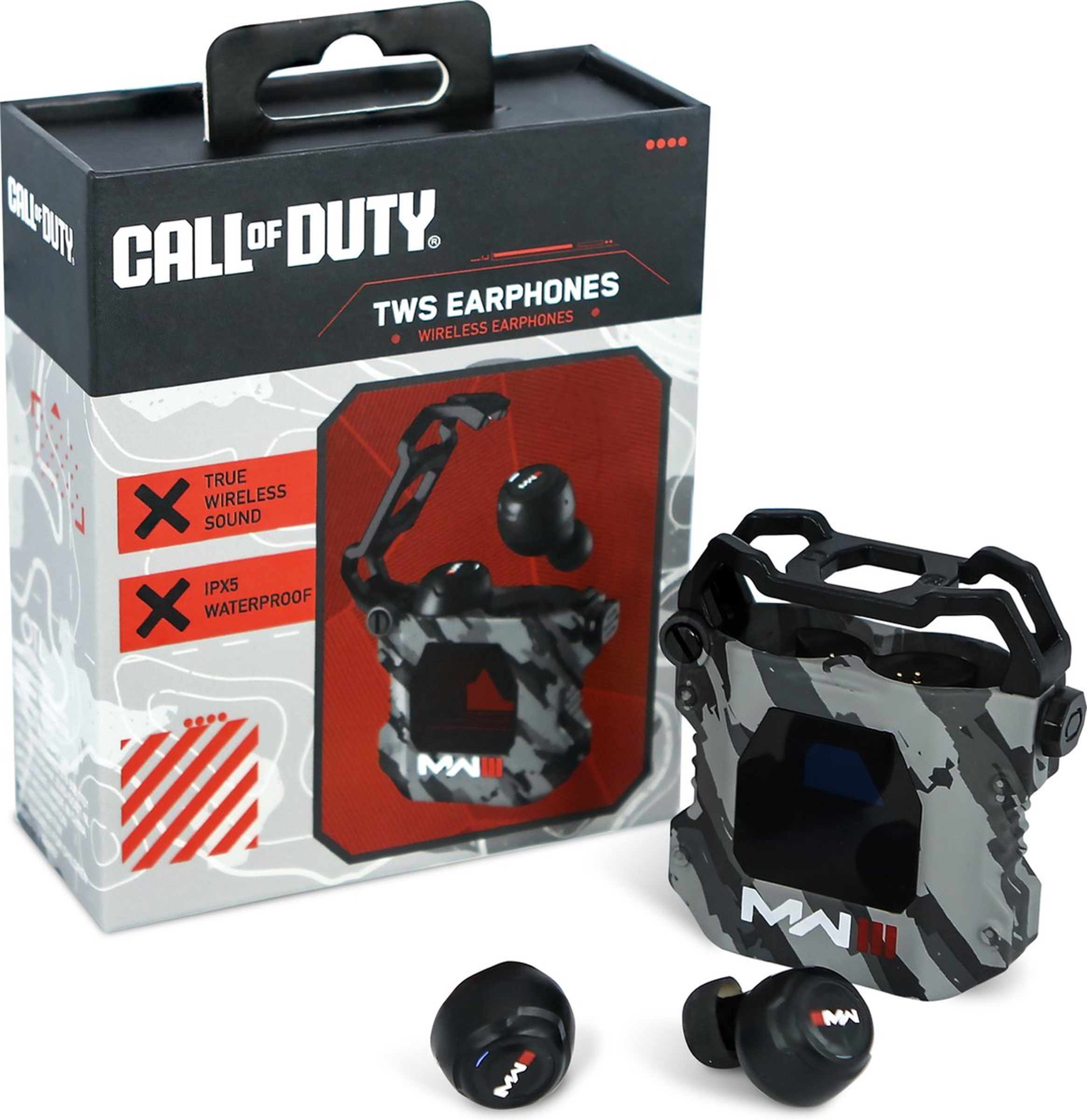 Écouteurs et étui de chargement Call of Duty. La boîte et l'étui affichent le logo MWII et le motif camouflage.