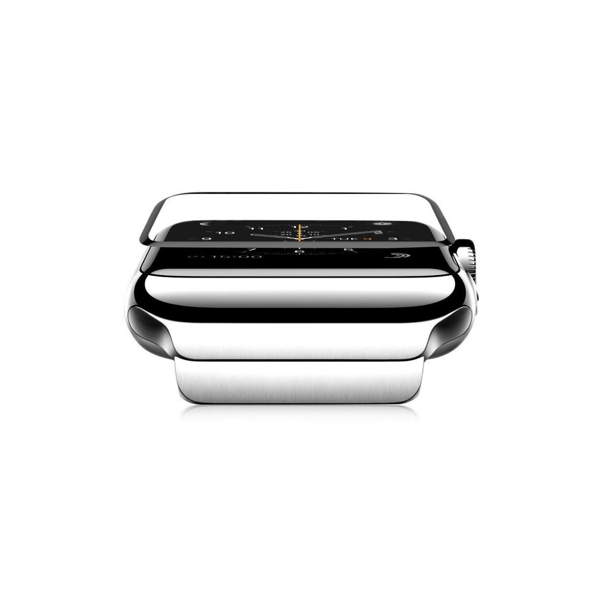 Silberne Apple Watch, Draufsicht, auf weißer Oberfläche.