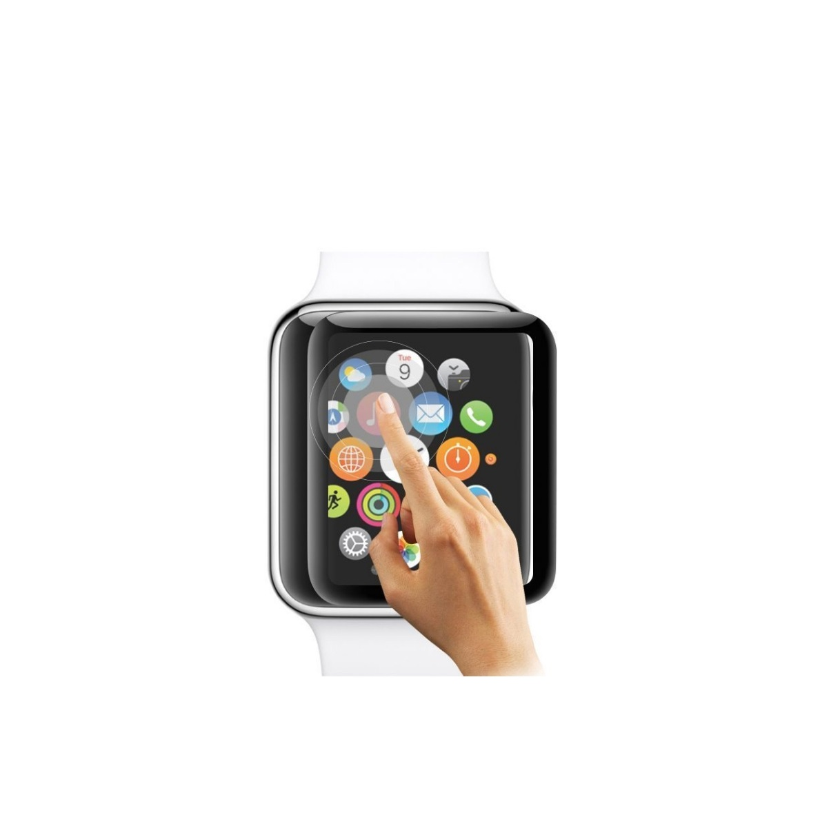 Apple Watch mit Displayschutz, eine Hand berührt den Bildschirm, weißer Hintergrund.