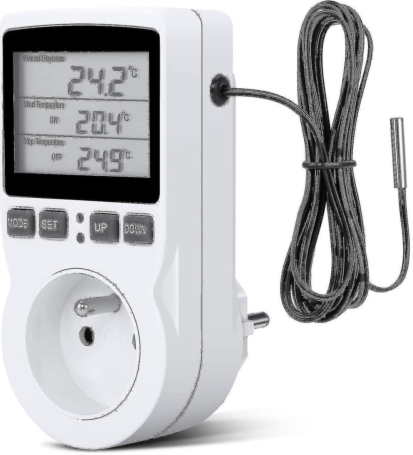Weißer digitaler Leistungsmesser mit Display, das Temperatur, Stecker und eine schwarze Sonde anzeigt.