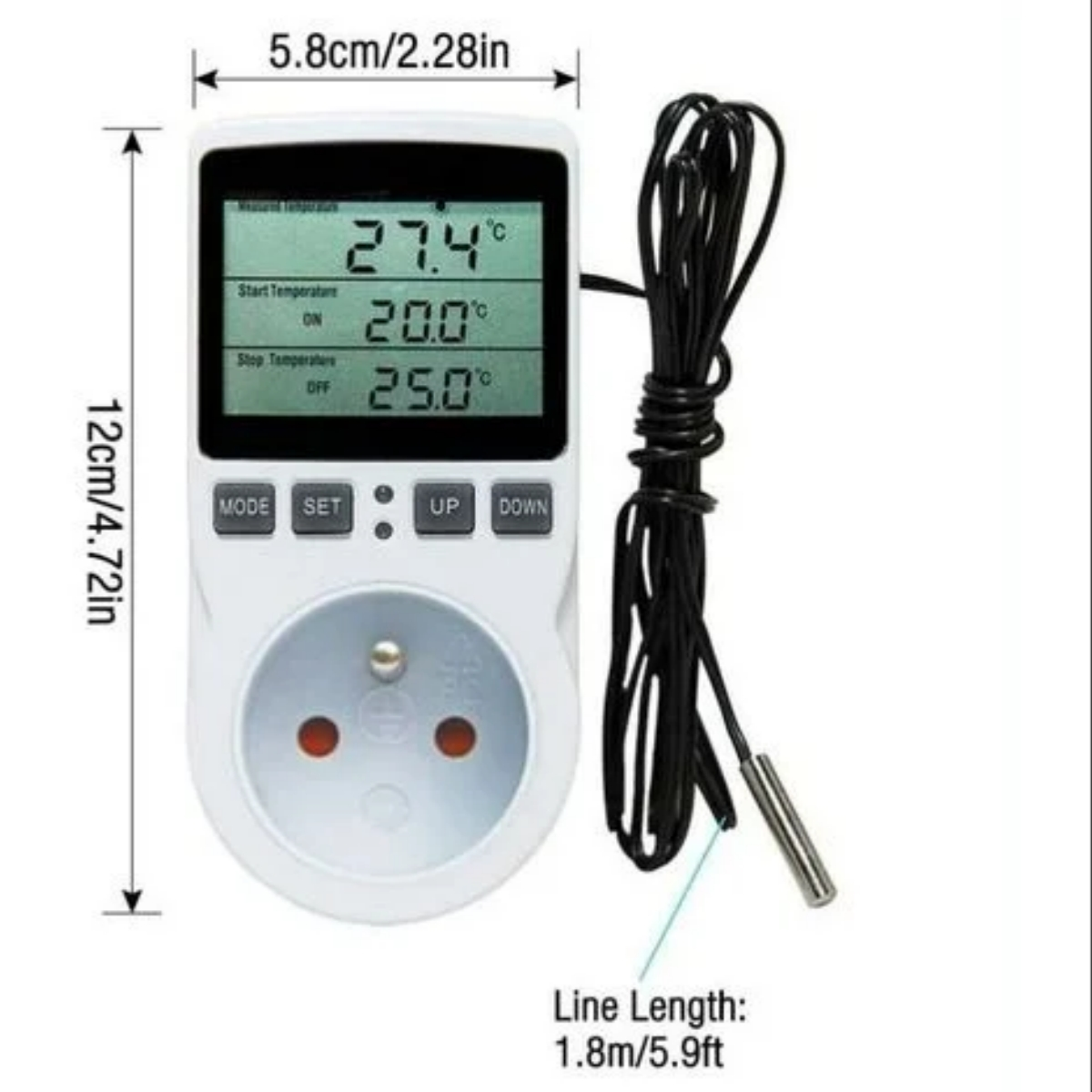 Ein weißes digitales Thermometer. Es zeigt die Temperatur an und hat Tasten für MODE, SET, UP und DOWN.