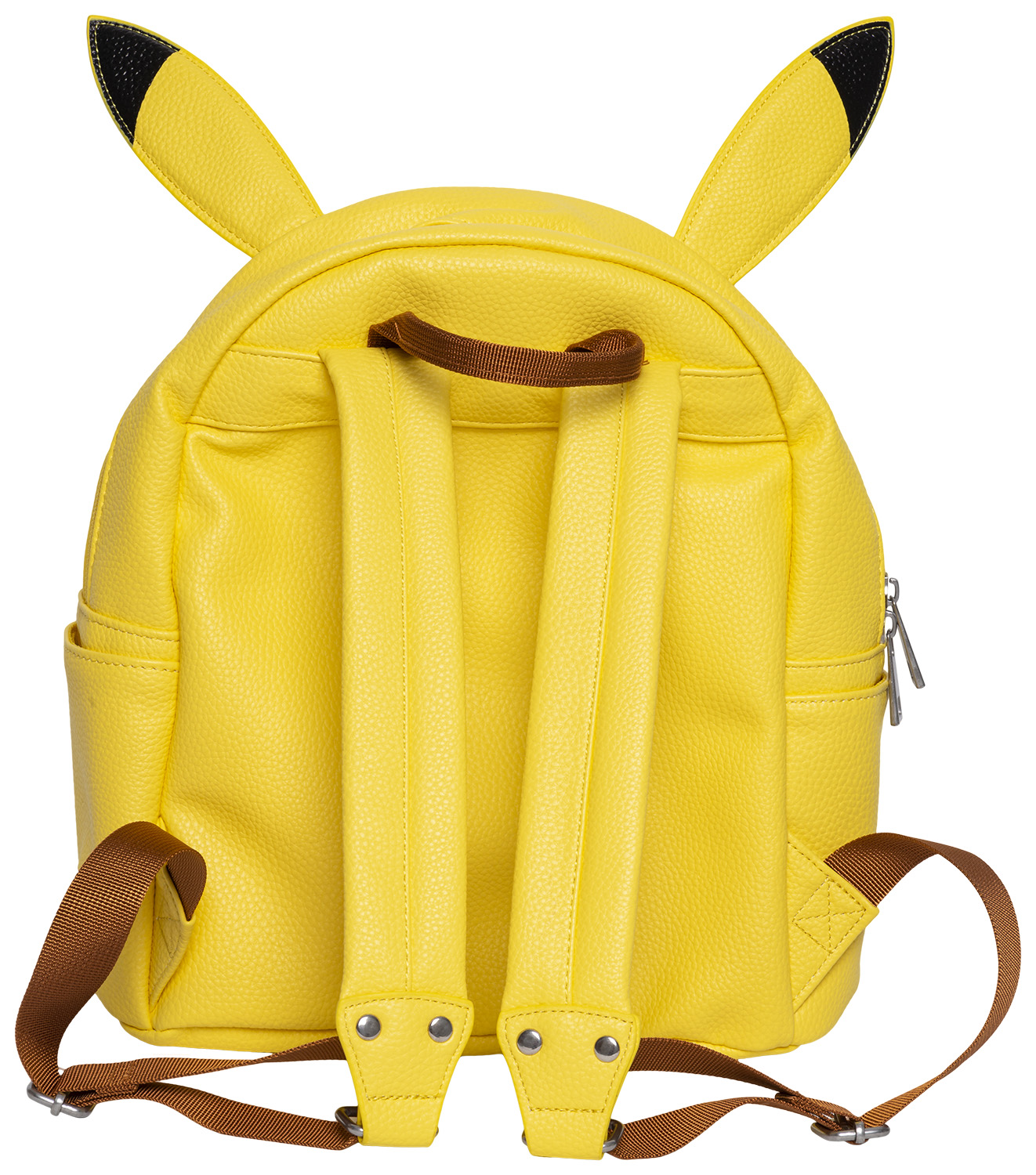 Gelber Pikachu-Rucksack mit Ohren, braunen Trägern und Rückansicht.