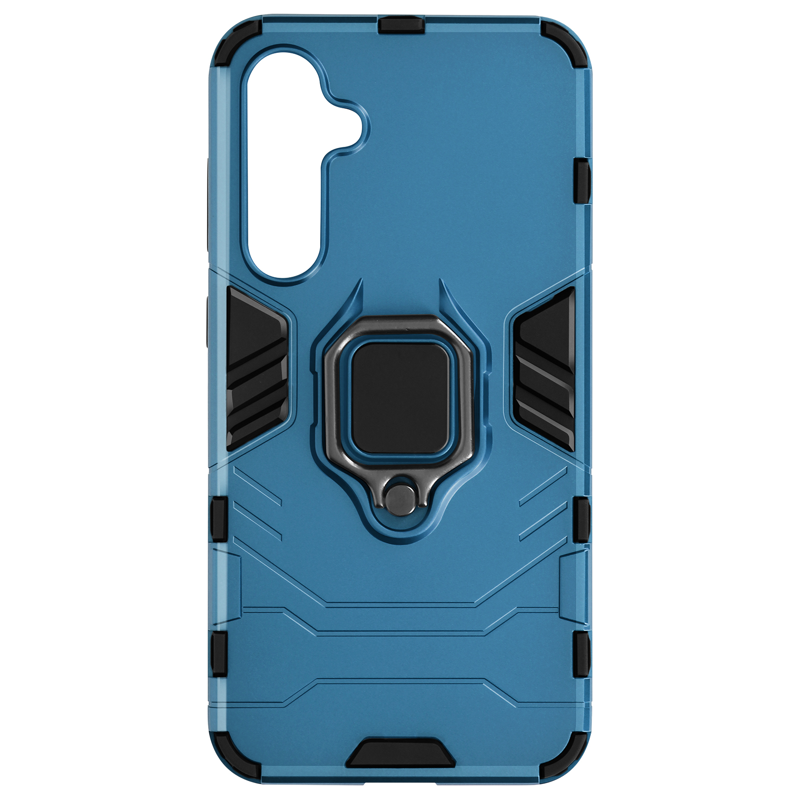 Custodia blu con anello. Dettagli neri. Contorno della forma del telefono.