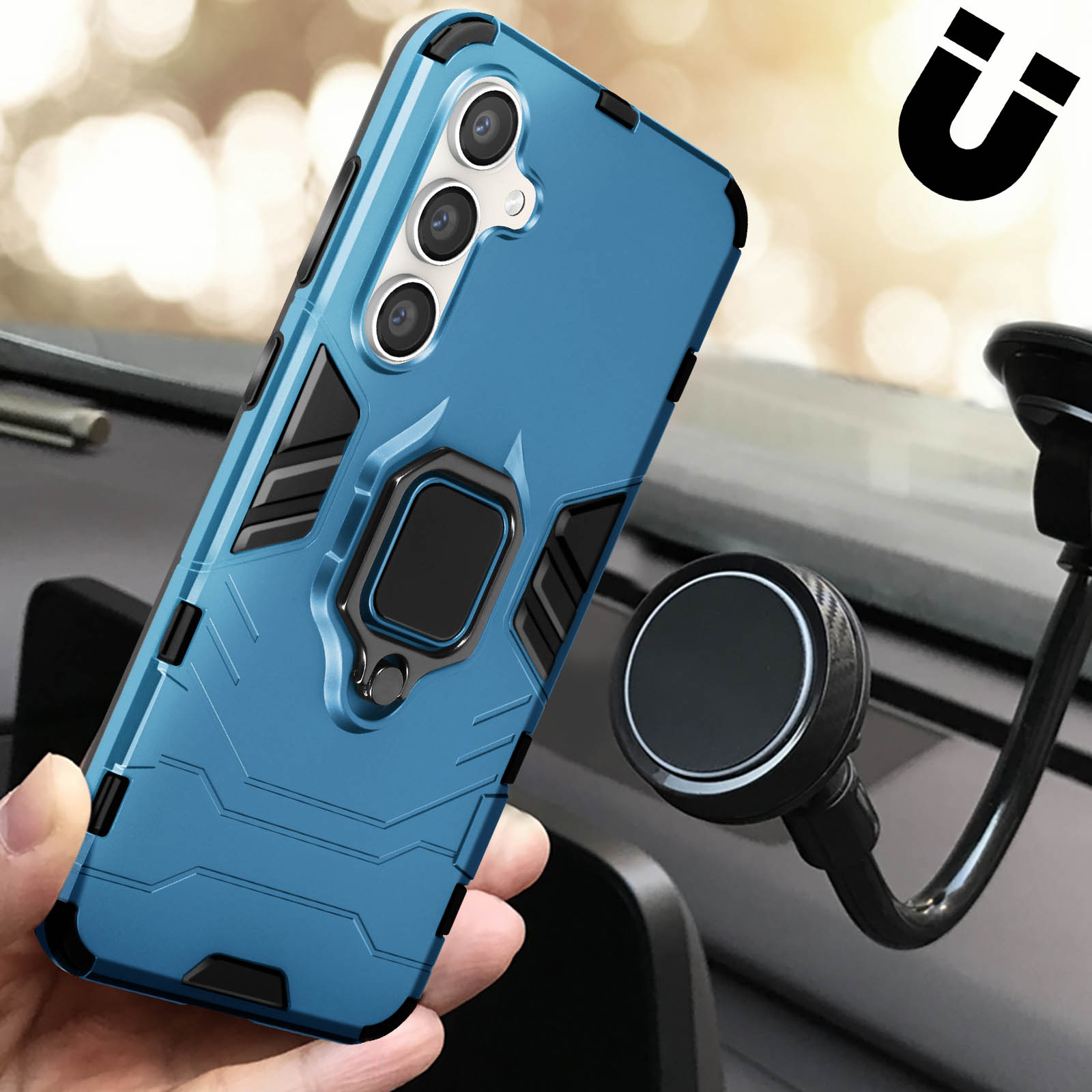 Una custodia blu per telefono con un supporto ad anello magnetico, montata su un cruscotto con supporto magnetico.