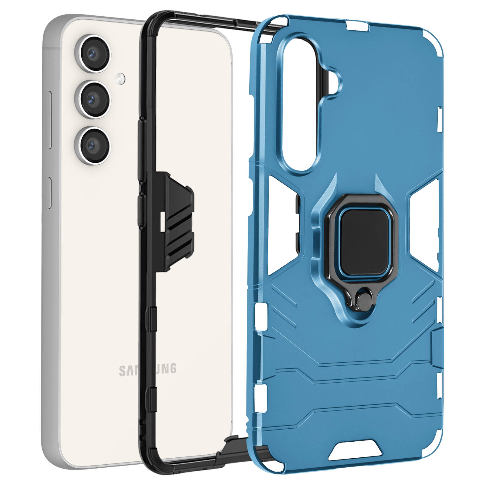 Una custodia per telefono con un telefono all'interno. La custodia è blu, con un anello sul retro.