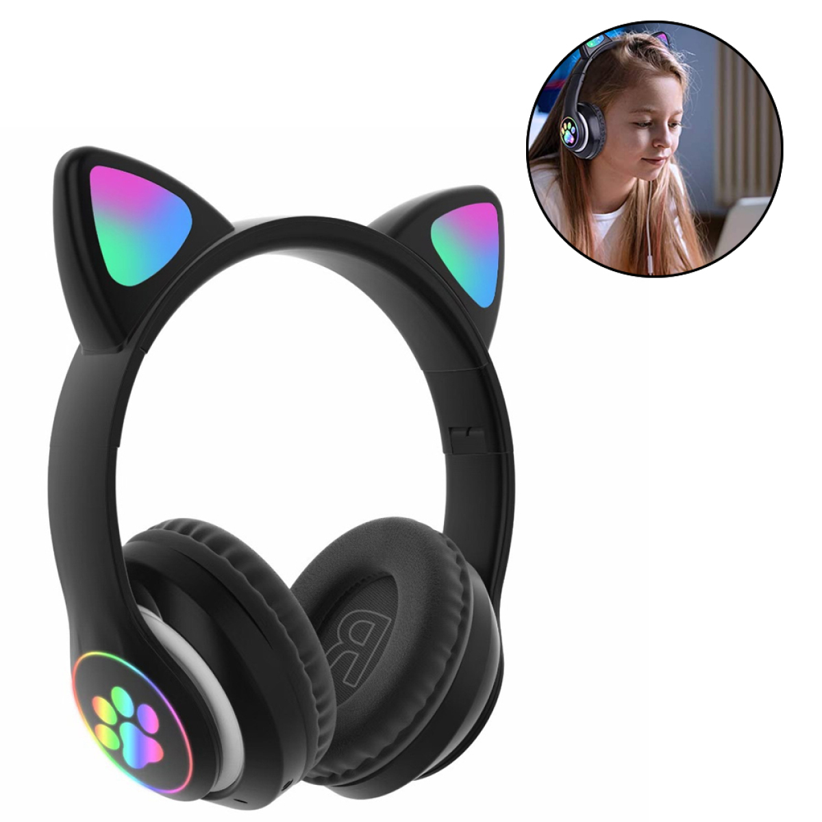 Schwarze Katzenohrhörer mit RGB-Lichtern und ein Mädchen mit ähnlichen Kopfhörern.